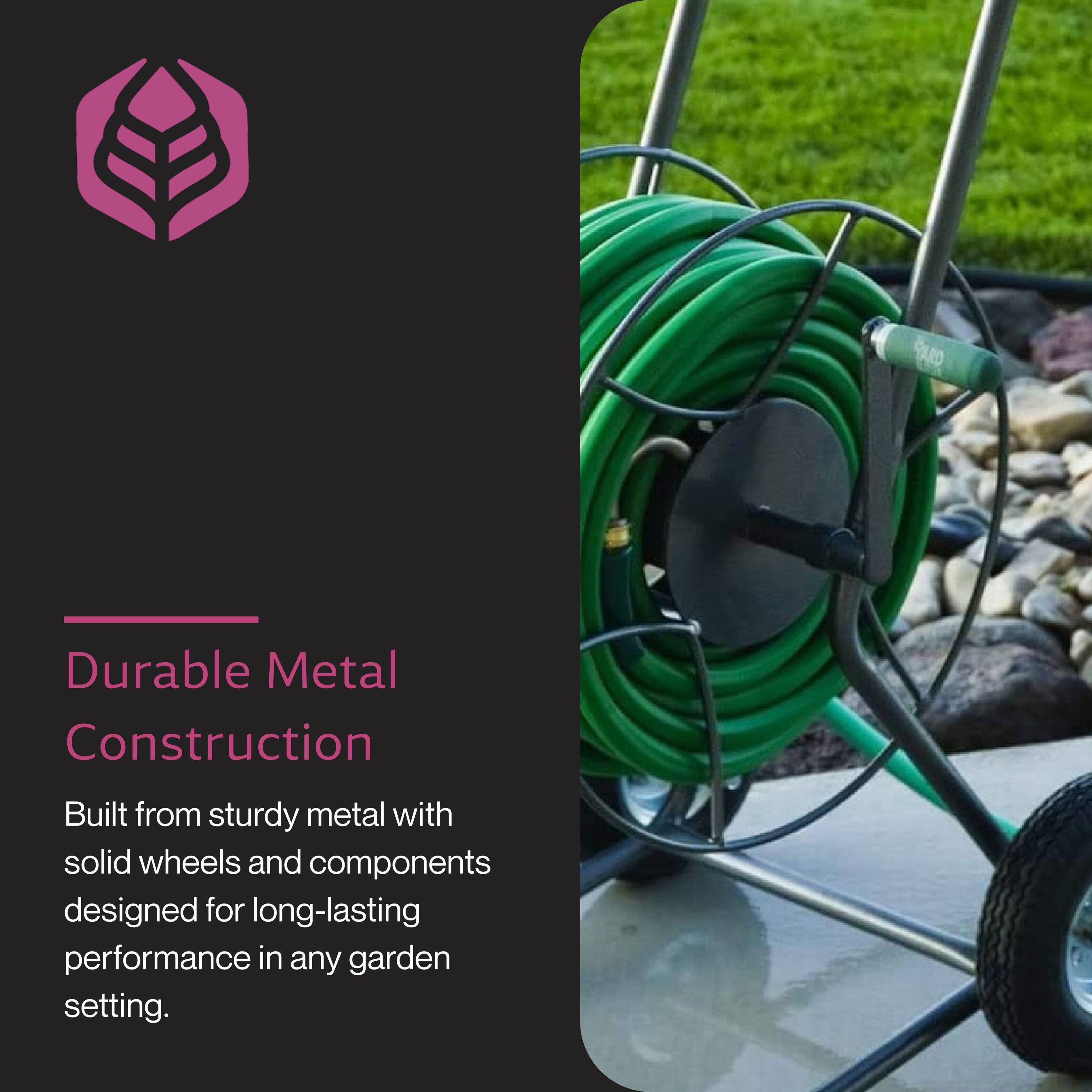 Durable Metal Construction  
Built from sturdy metal with solid wheels and components designed for long-lasting performance in any garden setting.