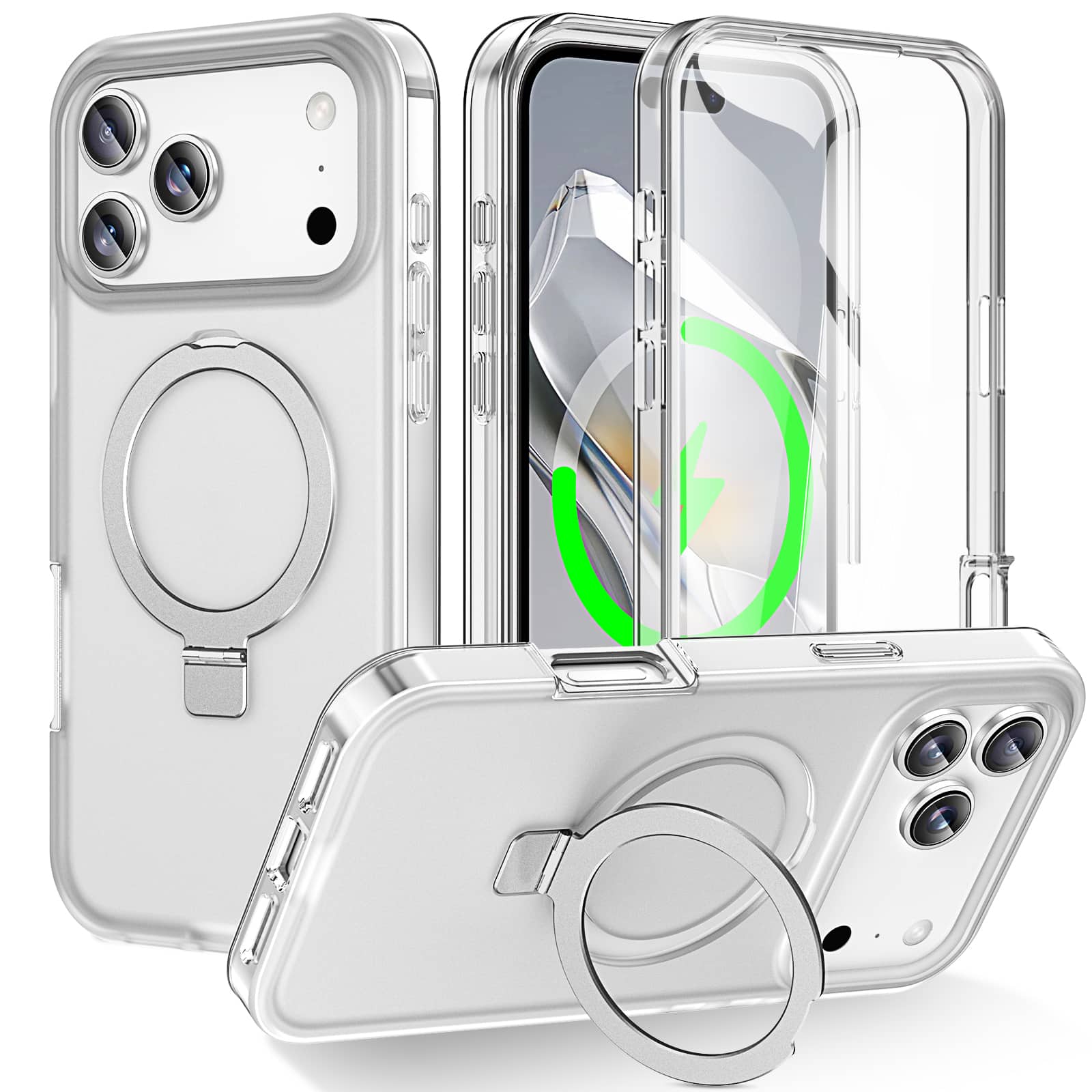 Dteck - for Apple iPhone 17 Pro Mag Safe Case, Ring Stand Built-in Screen Protector Full Body Cover - Clear