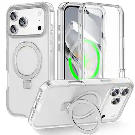 Dteck - for Apple iPhone 17 Pro Max Mag Safe Case, Ring Stand Built-in Screen Protector Full Body Cover - Matte Clear