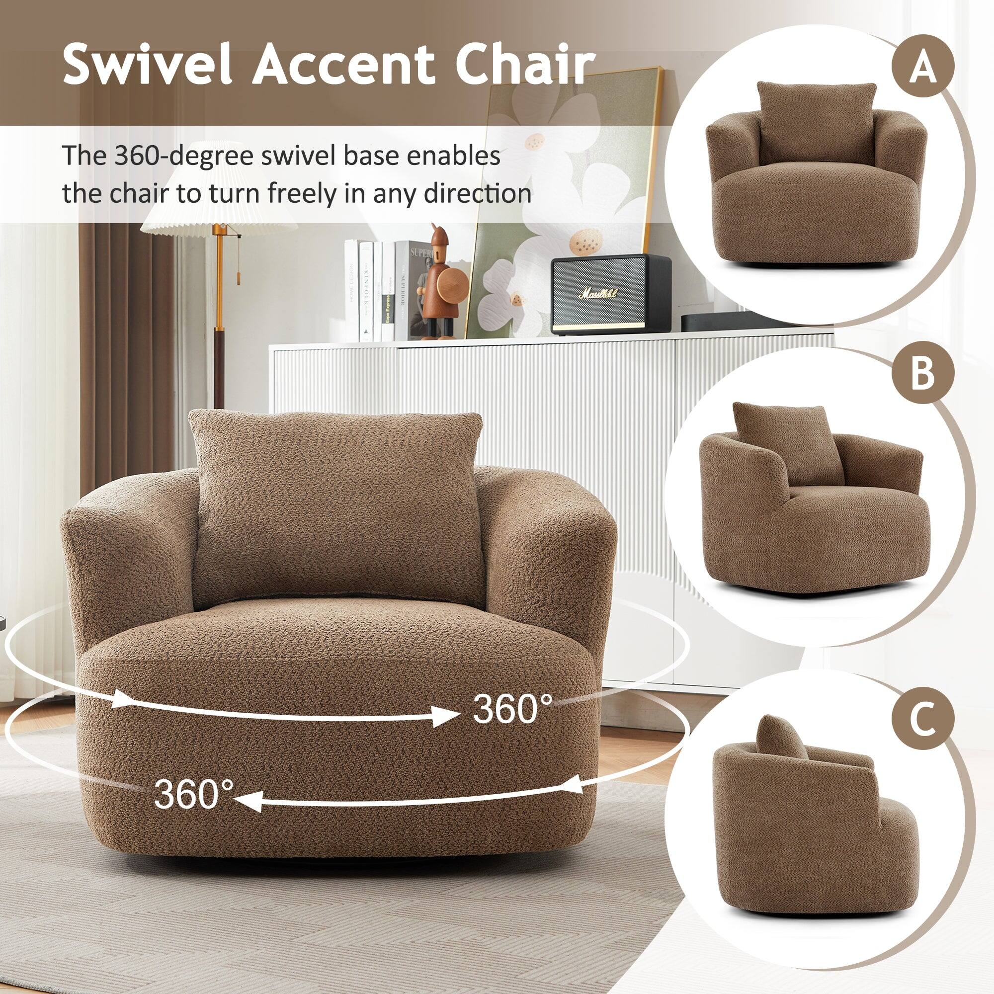 Swivel Accent Chair

The 360-degree swivel base enables the chair to turn freely in any direction.

A
B
C

360°