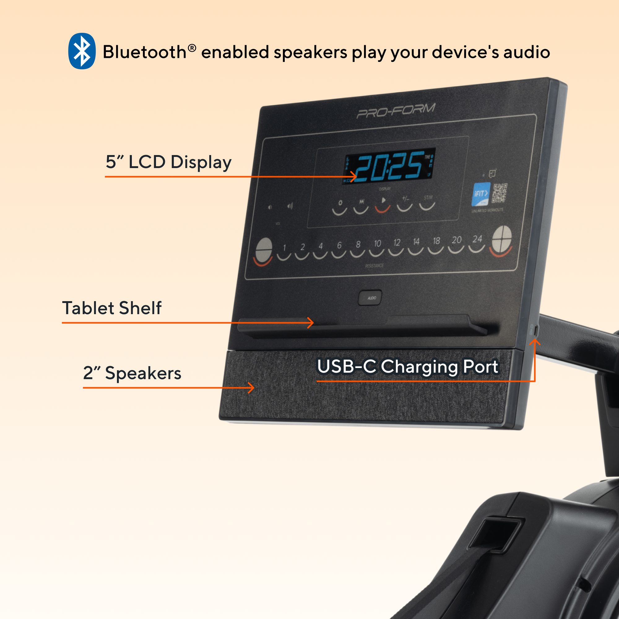 The image features a device with a 5" LCD display, which is a PRO-FORM product. It also has a USB-C charging port and a tablet shelf. The device is designed to play audio from a device using Bluetooth-enabled speakers. The image also shows a close-up of the device, highlighting its features.
