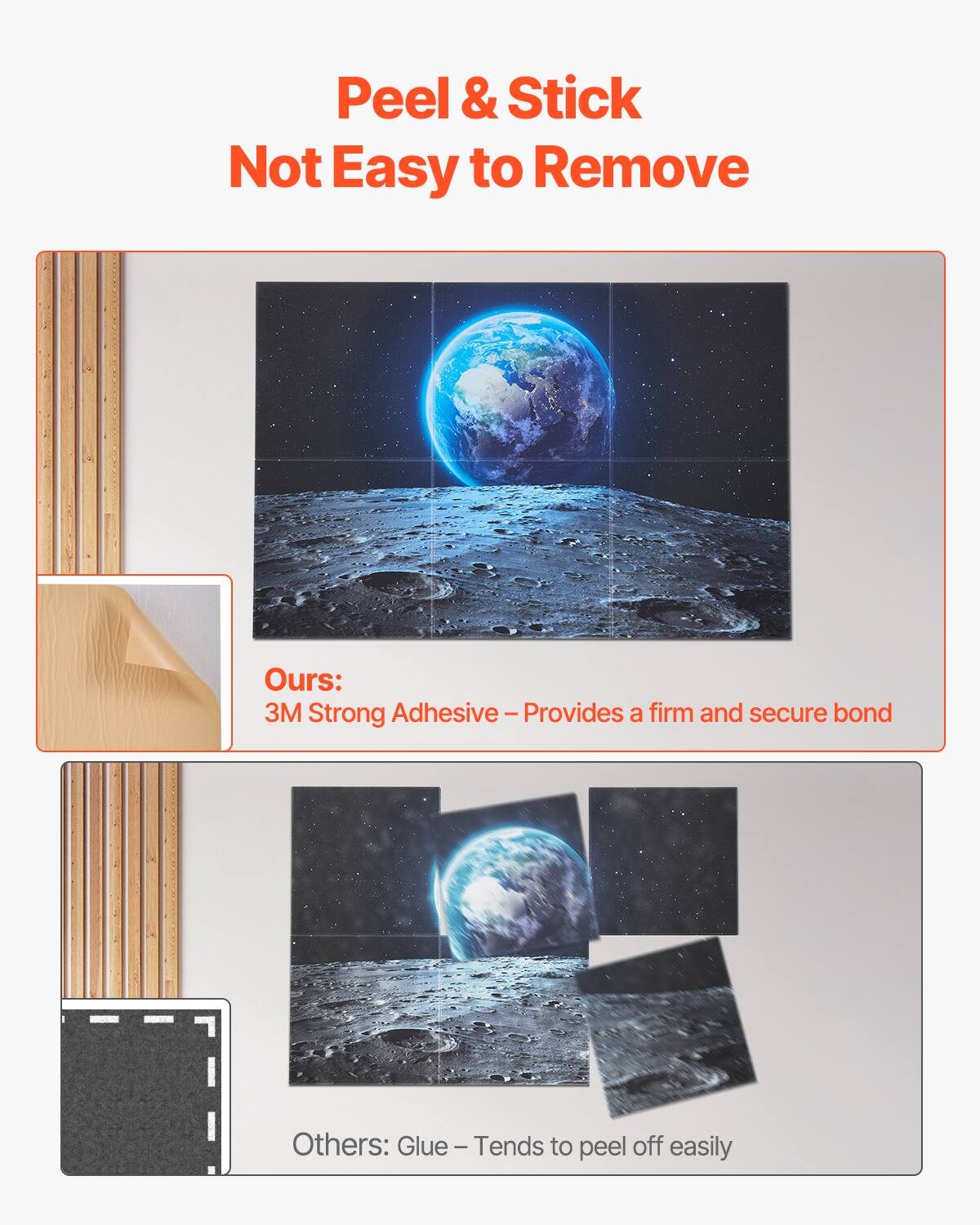 Peel & Stick  
Not Easy to Remove

Ours:  
3M Strong Adhesive - Provides a firm and secure bond

Others:  
Glue - Tends to peel off easily