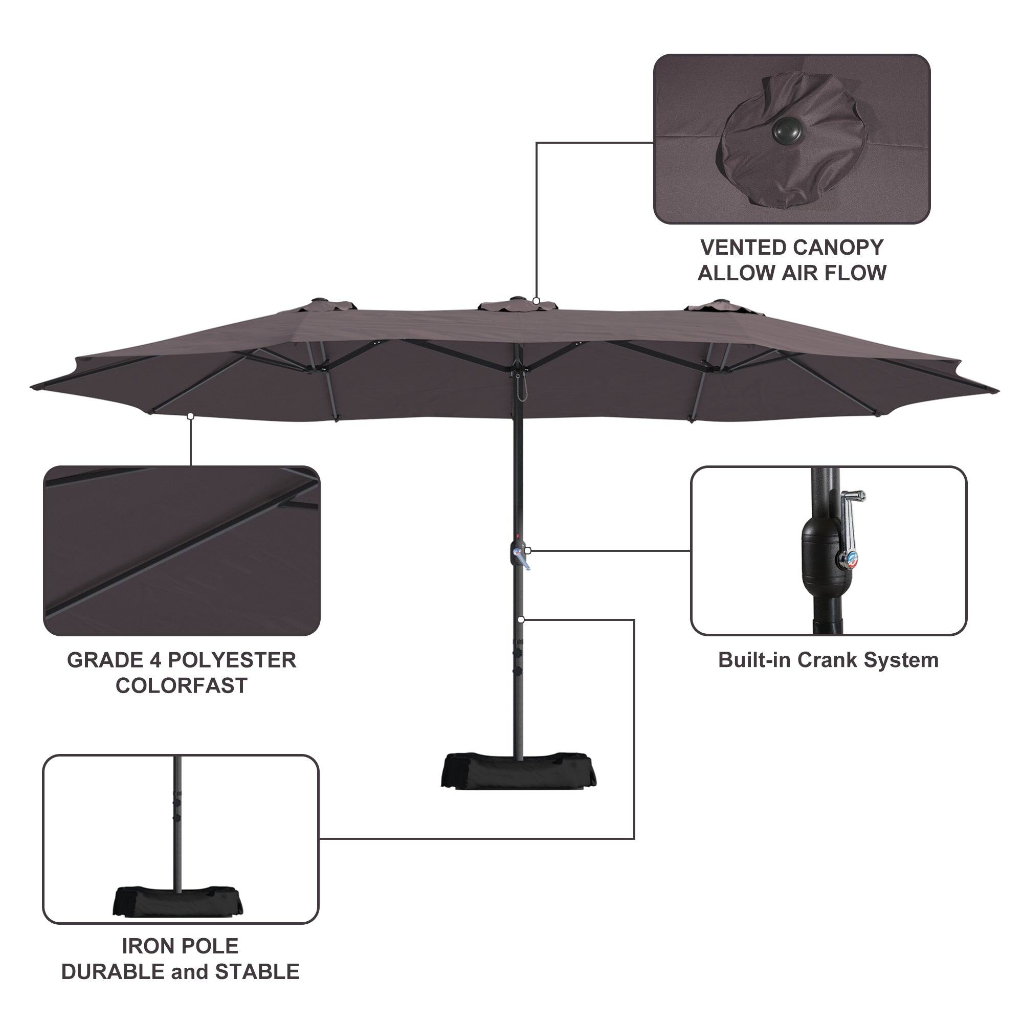 VENTED CANOPY ALLOW AIR FLOW  
GRADE 4 POLYESTER COLORFAST  
Built-in Crank System  
IRON POLE DURABLE and STABLE