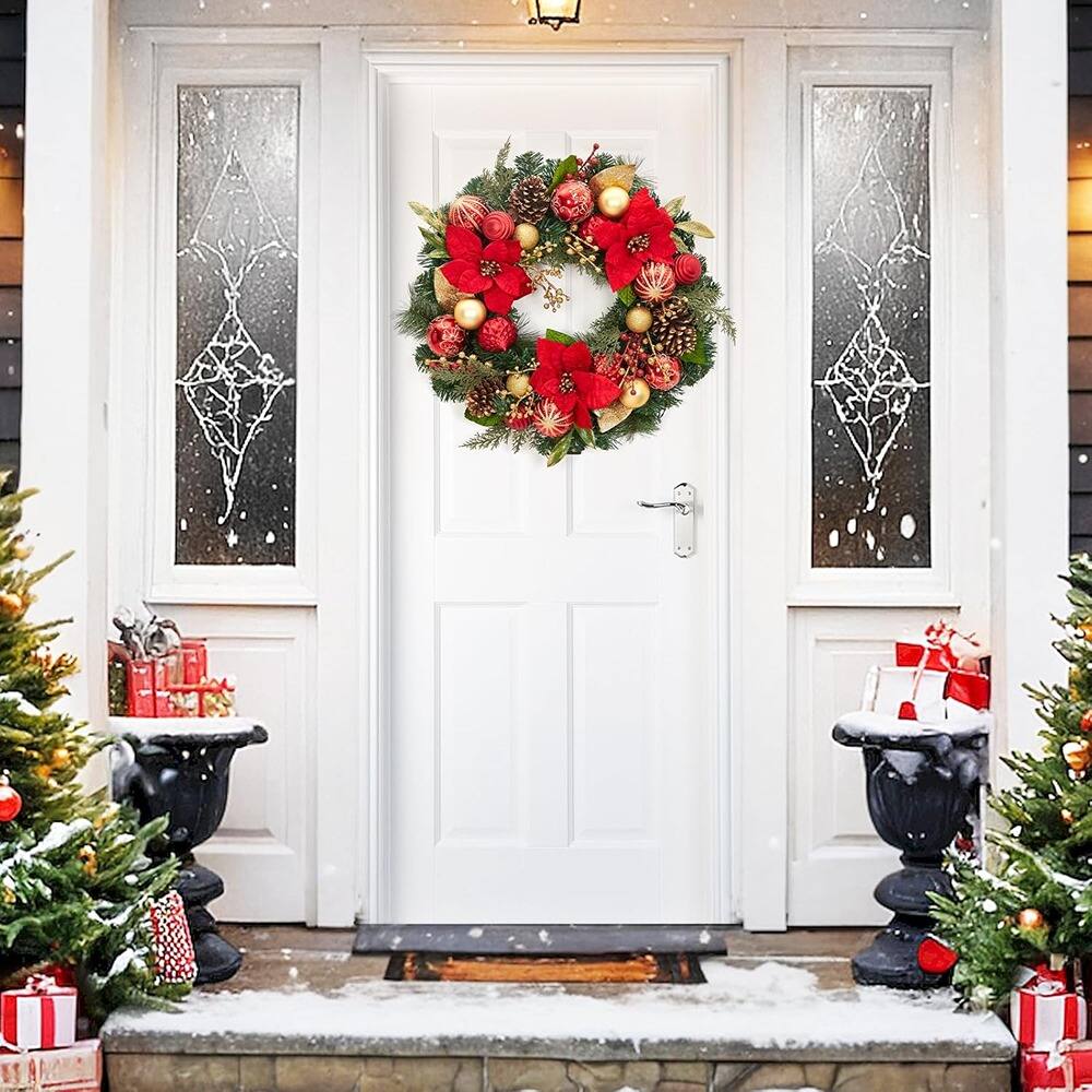 Alt View 2. RTMB - 24" Battery-Operated Christmas Wreath w/ Lights & Flower Ball Ornaments - Red Gold.