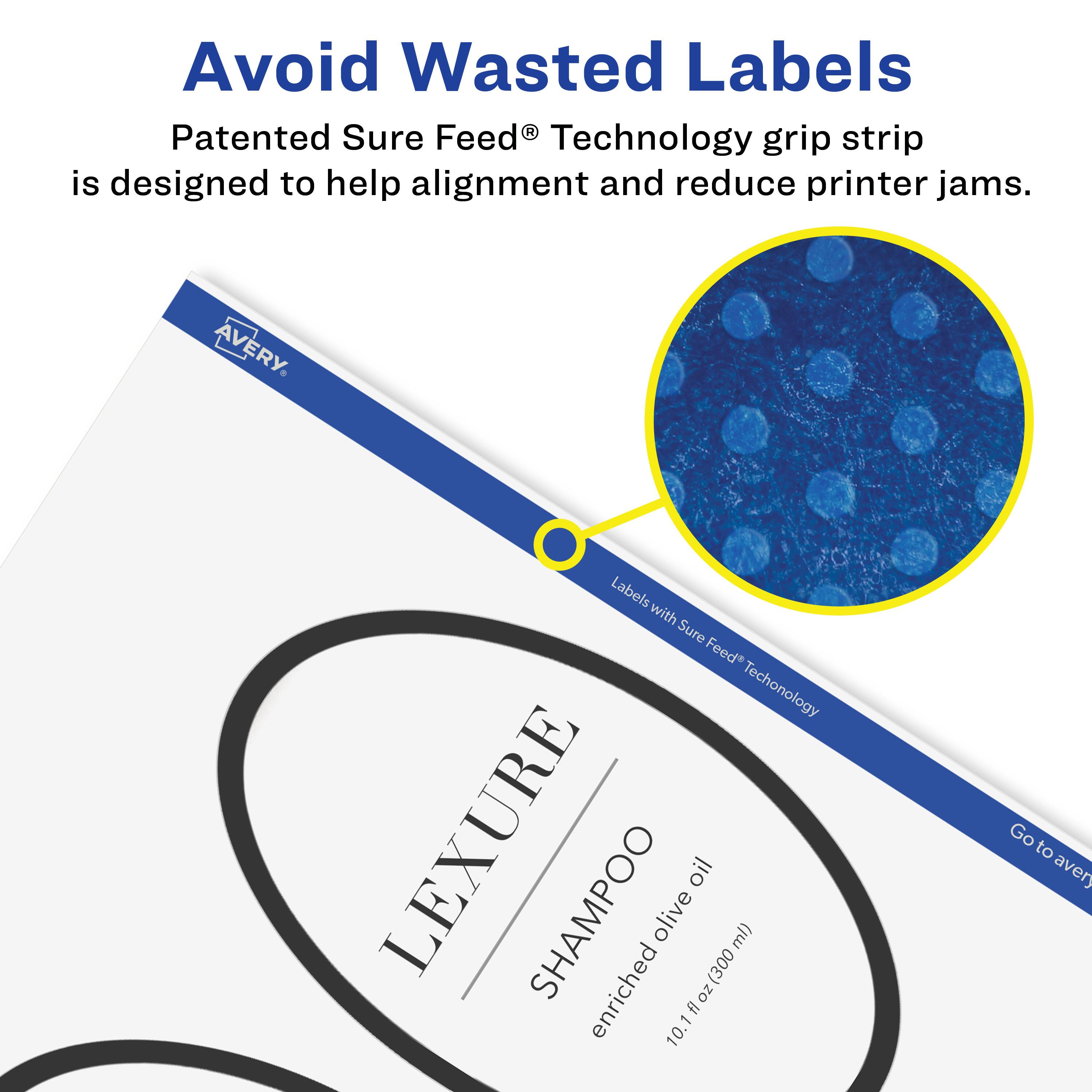 Avoid Wasted Labels

Patented Sure Feed® Technology grip strip is designed to help alignment and reduce printer jams.

AVERY

Labels with Sure Feed® Technology

LEXURE SHAMPOO enriched olive oil 10.1 fl oz (300 ml)

Go to avery