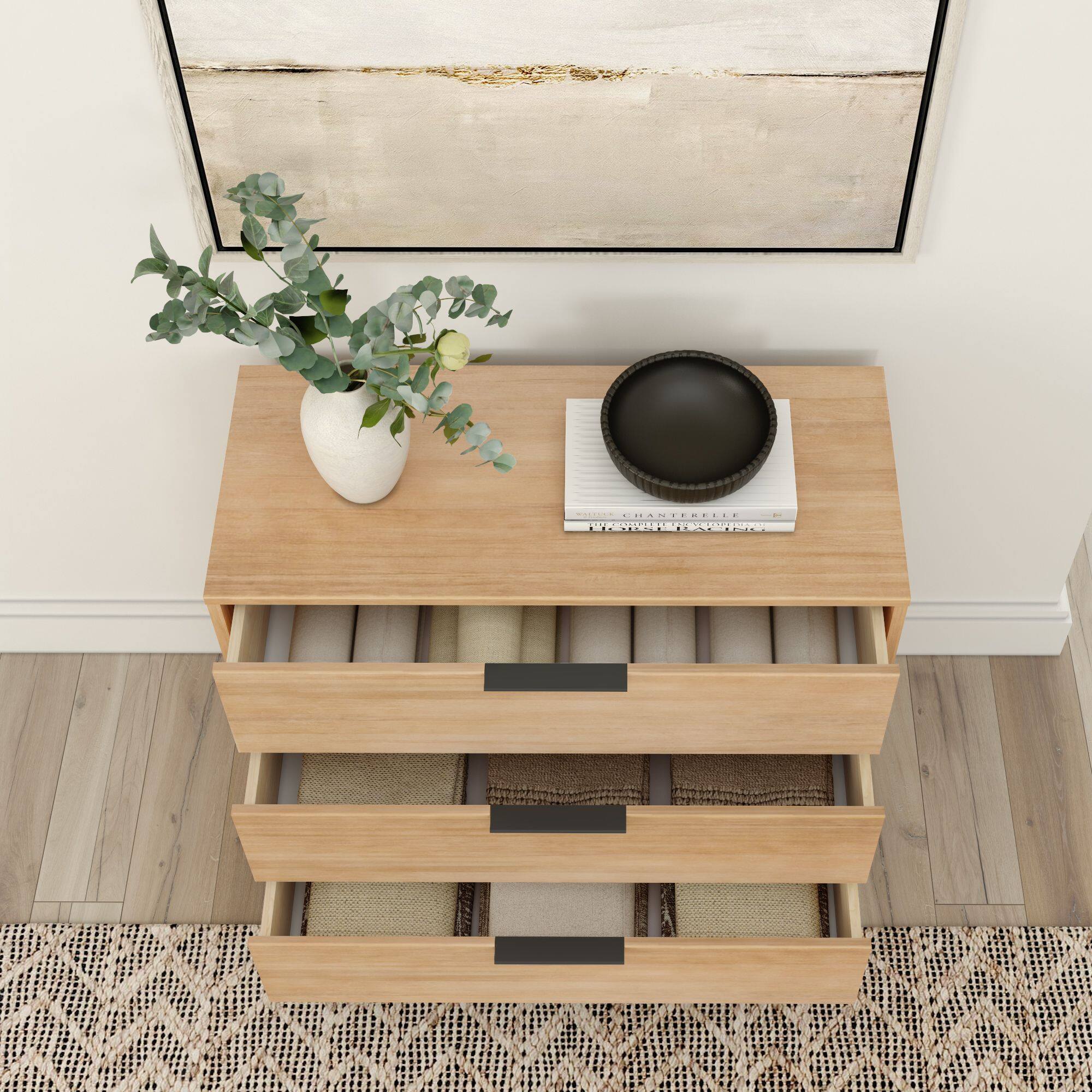 Alt View 5. Plank+Beam - Haven 3 Drawer Dresser with Black Handle, Blonde - Blonde.