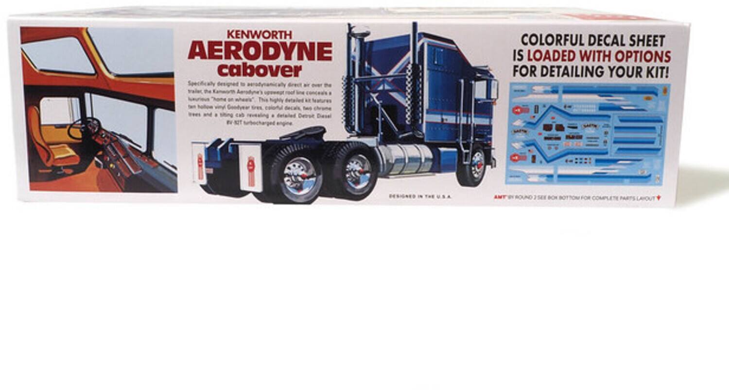 KENWORTH AERODYNE cabover  
Specifically designed aerodynamically for our new cabover tractor, the Kenworth Aerodyne's aerodynamic design is a tribute to the trucking industry. This highly detailed model features a Detroit Diesel KT engine, Goodyear tires, and a cab revealing a Detroit Diesel KT engine.  

COLORFUL DECAL SHEET IS LOADED WITH OPTIONS FOR DETAILING YOUR KIT!  
ROUND 3 SEE BOTTOM FOR COMPLETE PARTS LAYOUT