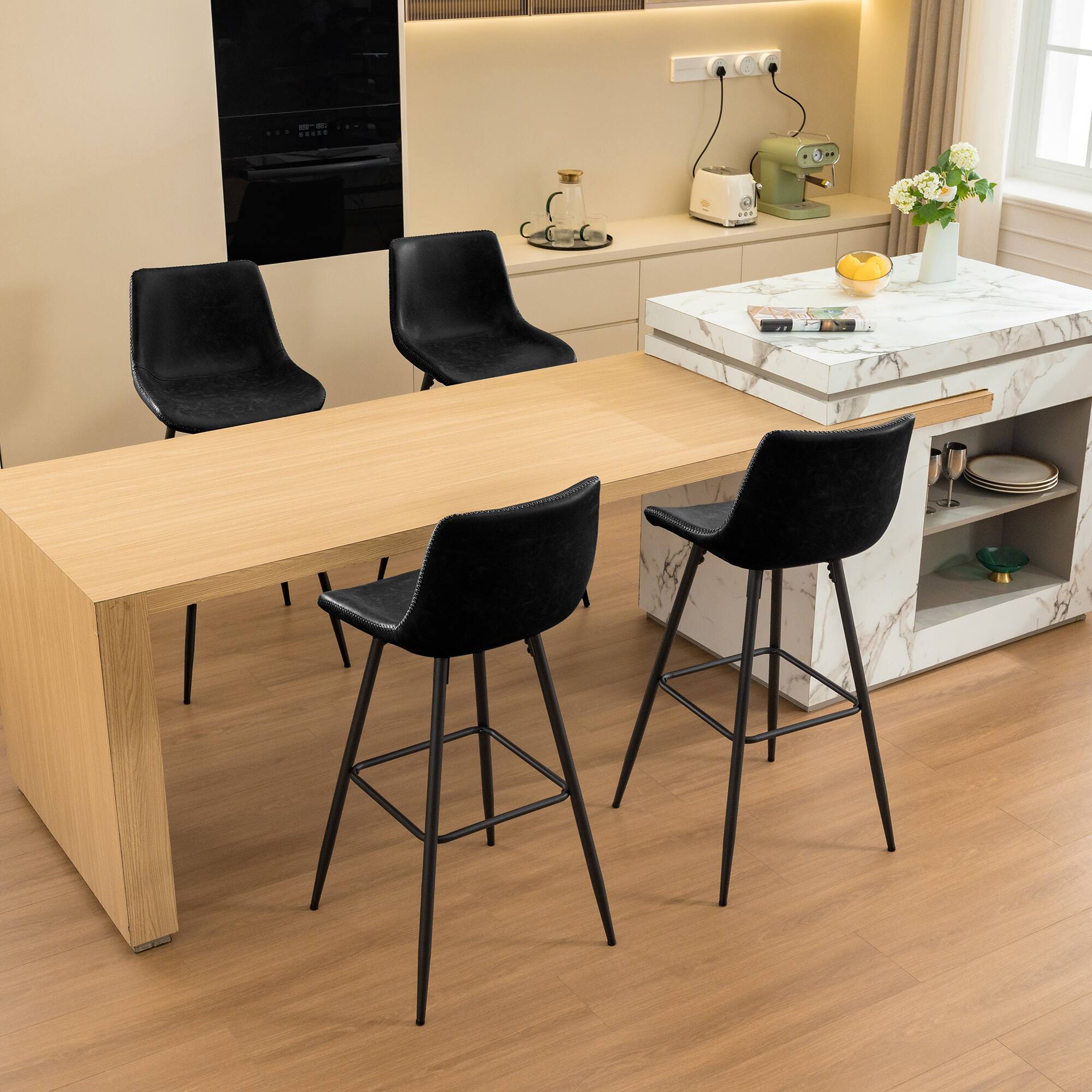 Alt View 8. KERDOM - 4pcs Bar Stools with Back, 24/28 inches Height Counter Bar Chair, PU Leather Armless Kitchen Island High Dining Chair - 24‘’ Height - Black.