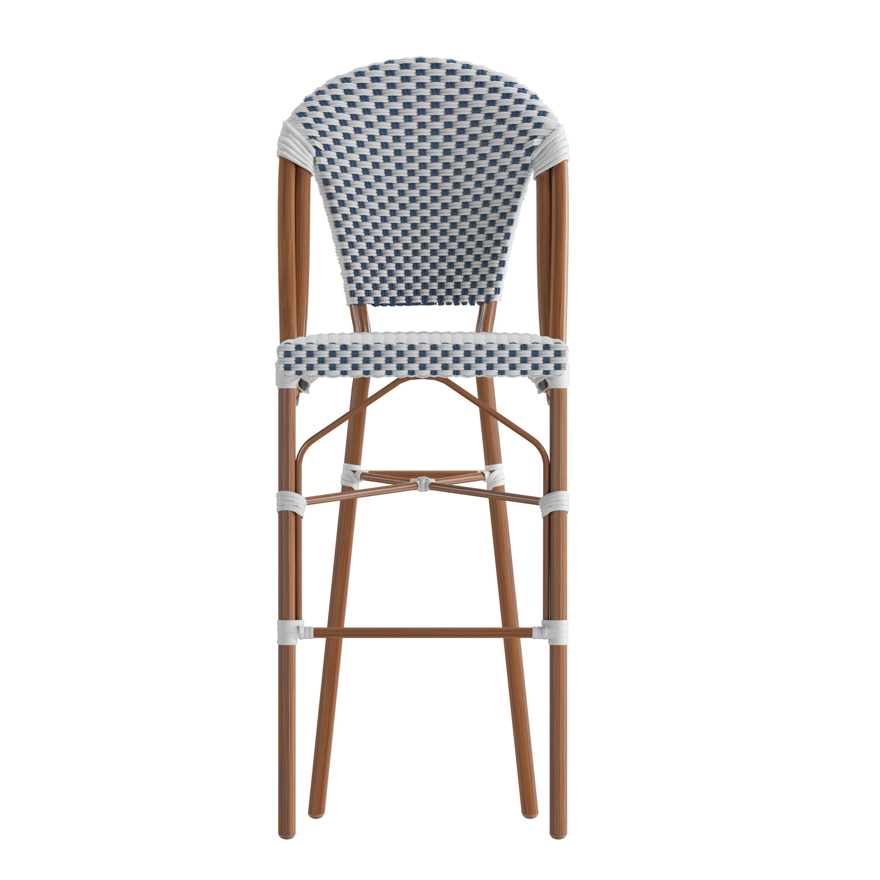 Alt View 10. Emma + Oliver - Colmar Set of Two Indoor/Outdoor 30" High Stacking Bistro Counter Stools with Patterned Seat and Back and Metal Frames - White & Navy/Natural Frame.