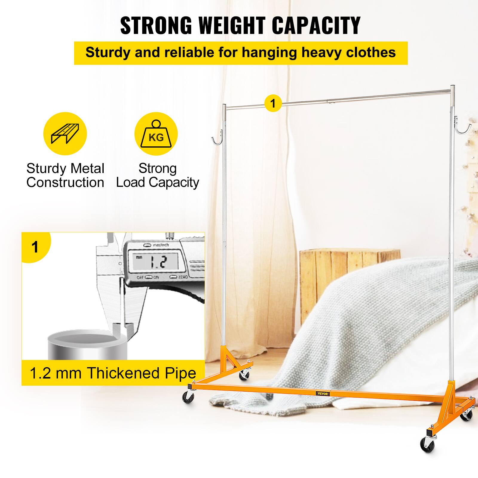 STRONG WEIGHT CAPACITY, Sturdy and reliable for hanging heavy clothes, 1 KG, Sturdy Metal Construction, Strong Load Capacity, 1.2 mm Thickened Pipe