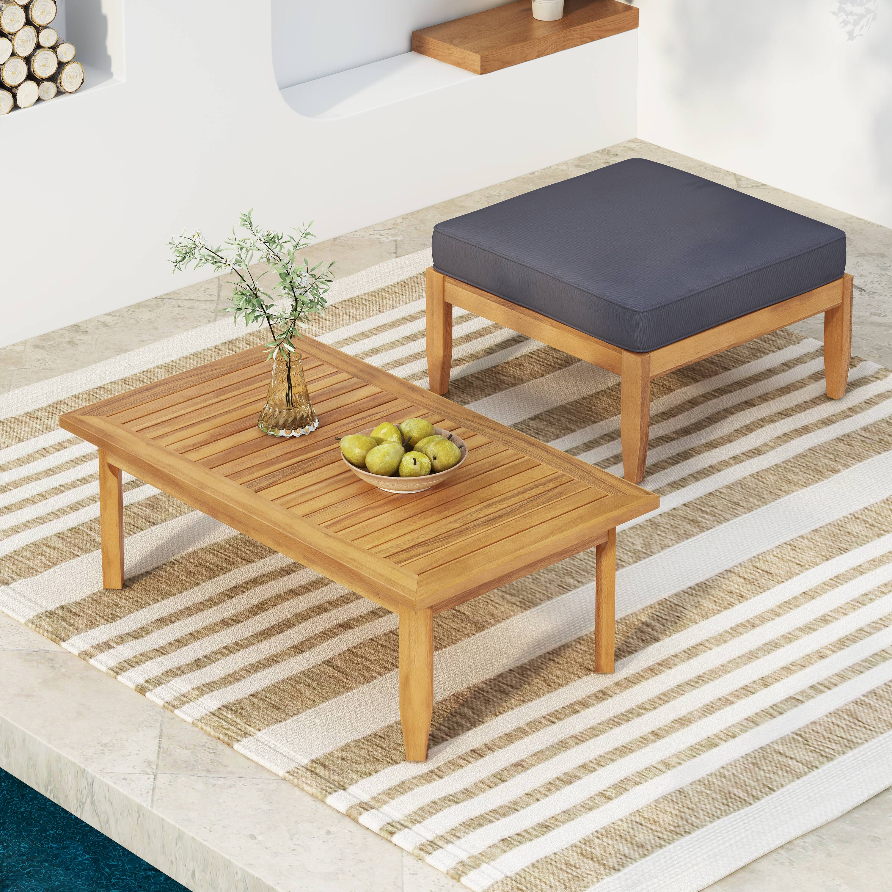 Front. APRILSOUL - Mid Century Modern Ottoman Coffee Table Set Solid Wood Frame Water Resistant Cushions - Brown.
