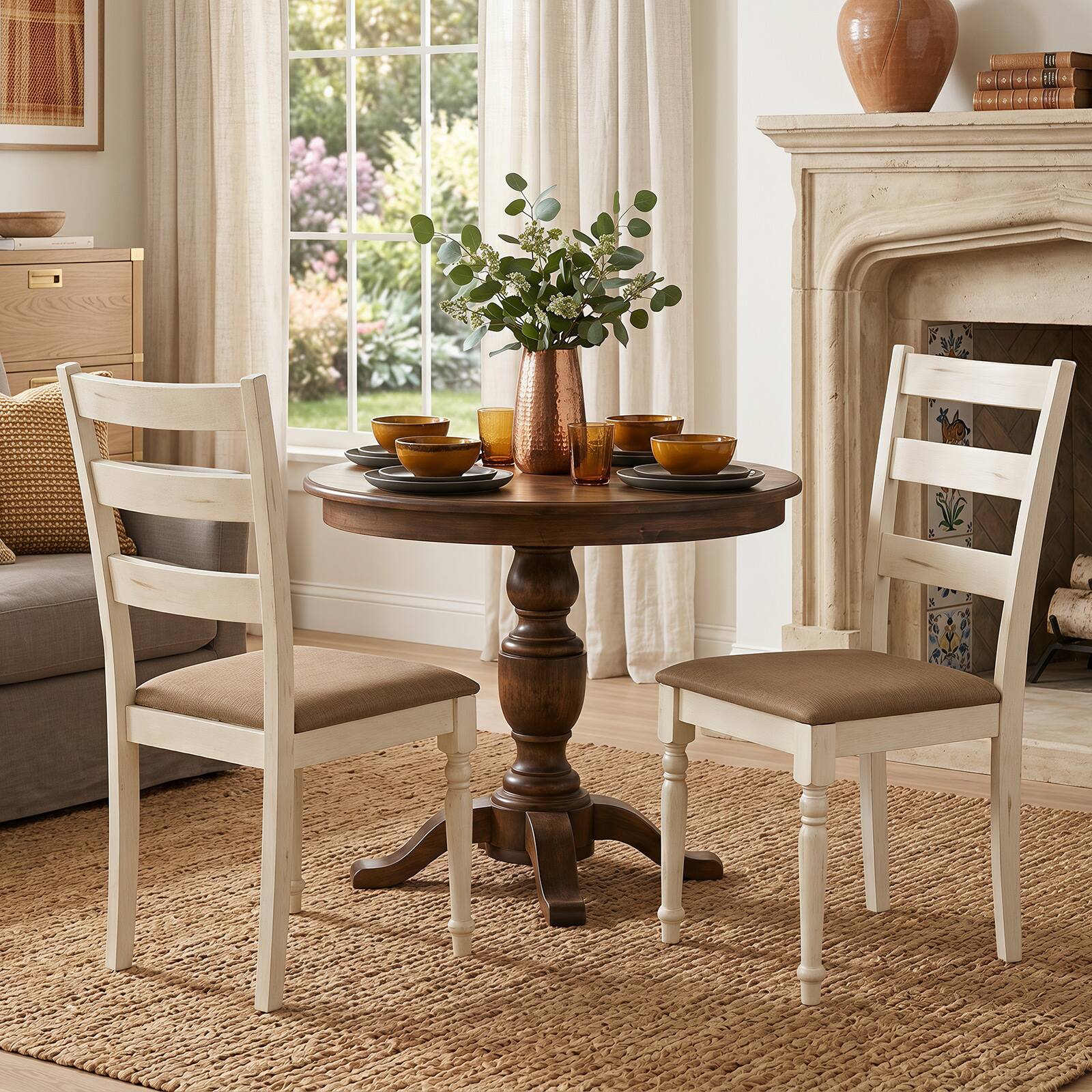 Alt View 5. Costway - Costway Rubber Wood Dining Chairs Set of 2 with Soft Padded Seat & Breathable Linen Fabric - White+Brown.