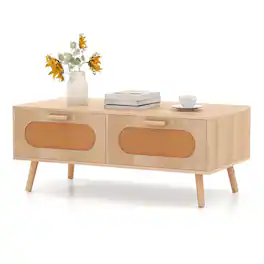 Costway - Rattan Coffee Table Mid Century Modern Center Table with 2 Storage Drawers - Beige