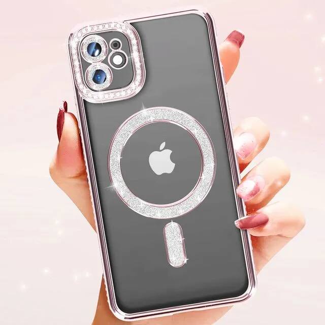 Left. Entronix - Entronix Magnetic Case for iPhone 11 - Clear Back with Luxury Rhinestones - Rose.