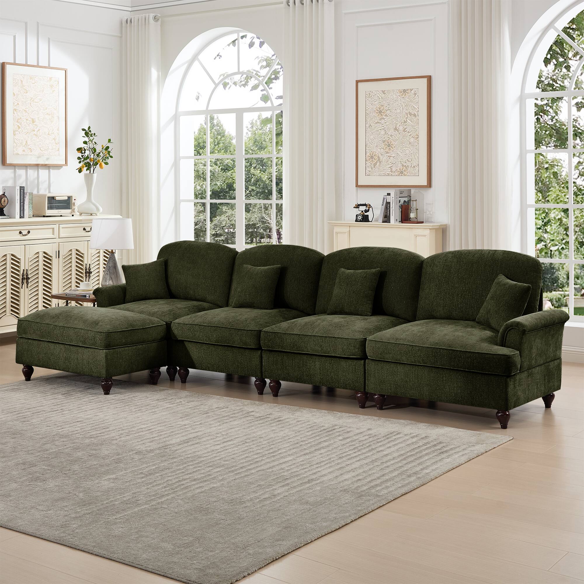 Angle. Anysun - Classic L-Shape Chenille 4-Seat Sectional with Ottoman - Flared Arms, Ruffled Skirt & Spindle Legs, Deep Seat - Green.