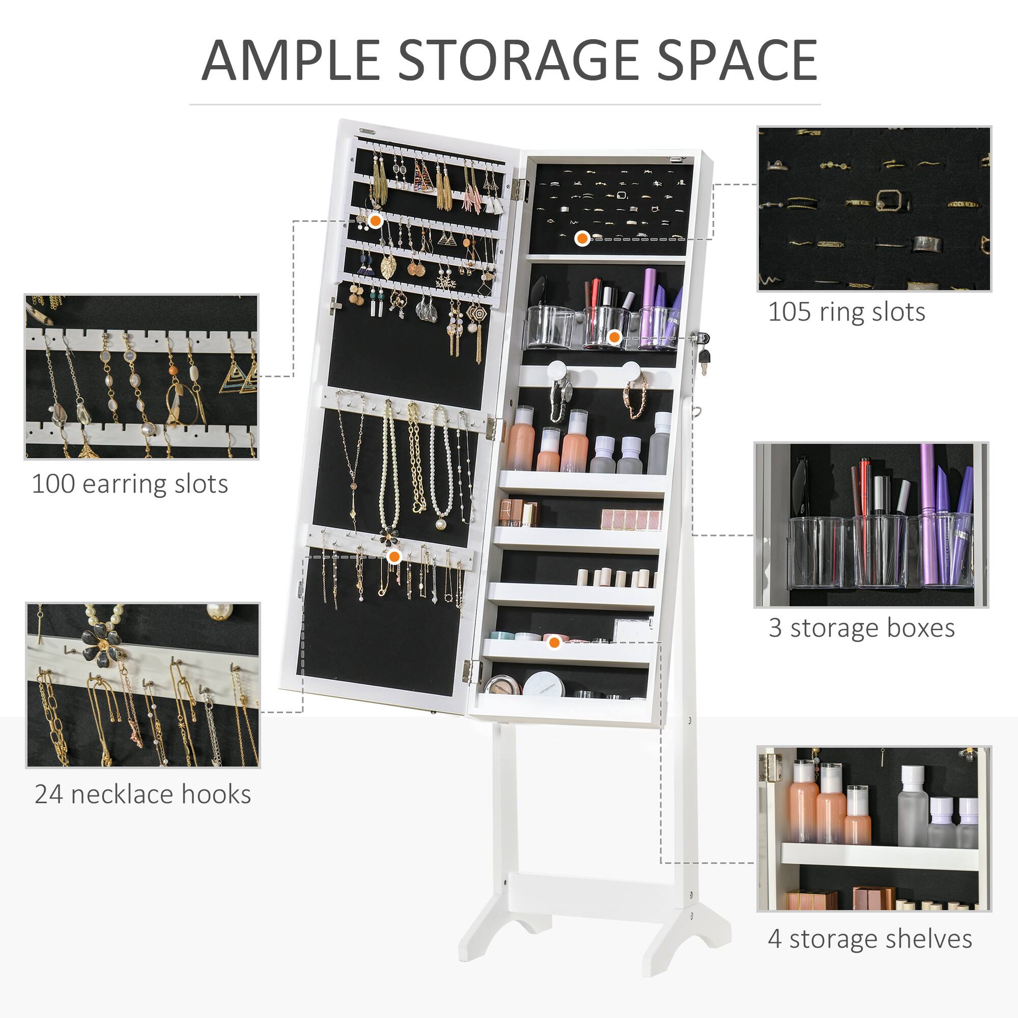 AMPLE STORAGE SPACE
105 ring slots
100 earring slots
24 necklace hooks
3 storage boxes
4 storage shelves