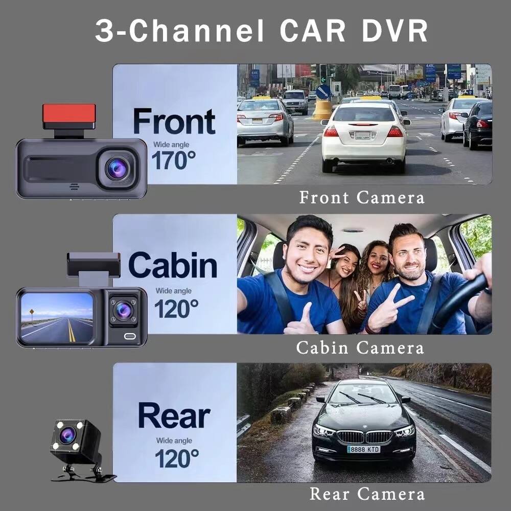 3-Channel CAR DVR

Front Camera  
Wide angle 170°

Cabin Camera  
Wide angle 120°

Rear Camera  
Wide angle 120°

8888 KTD
