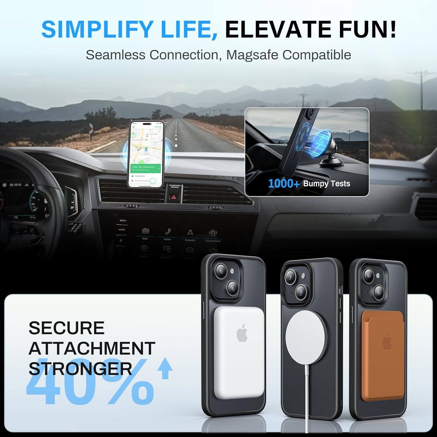 SIMPLIFY LIFE, ELEVATE FUN! Seamless Connection, Magsafe Compatible 1000+ Bumpy Tests - SECURE ATTACHMENT STRONGER 40%