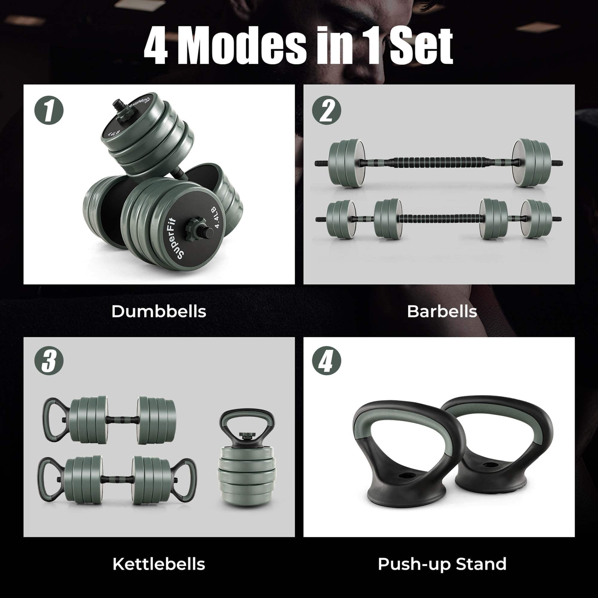 4 Modes in 1 Set: 1. Dumbbells, 2. Barbells, 3. Kettlebells, 4. Push-up Stand