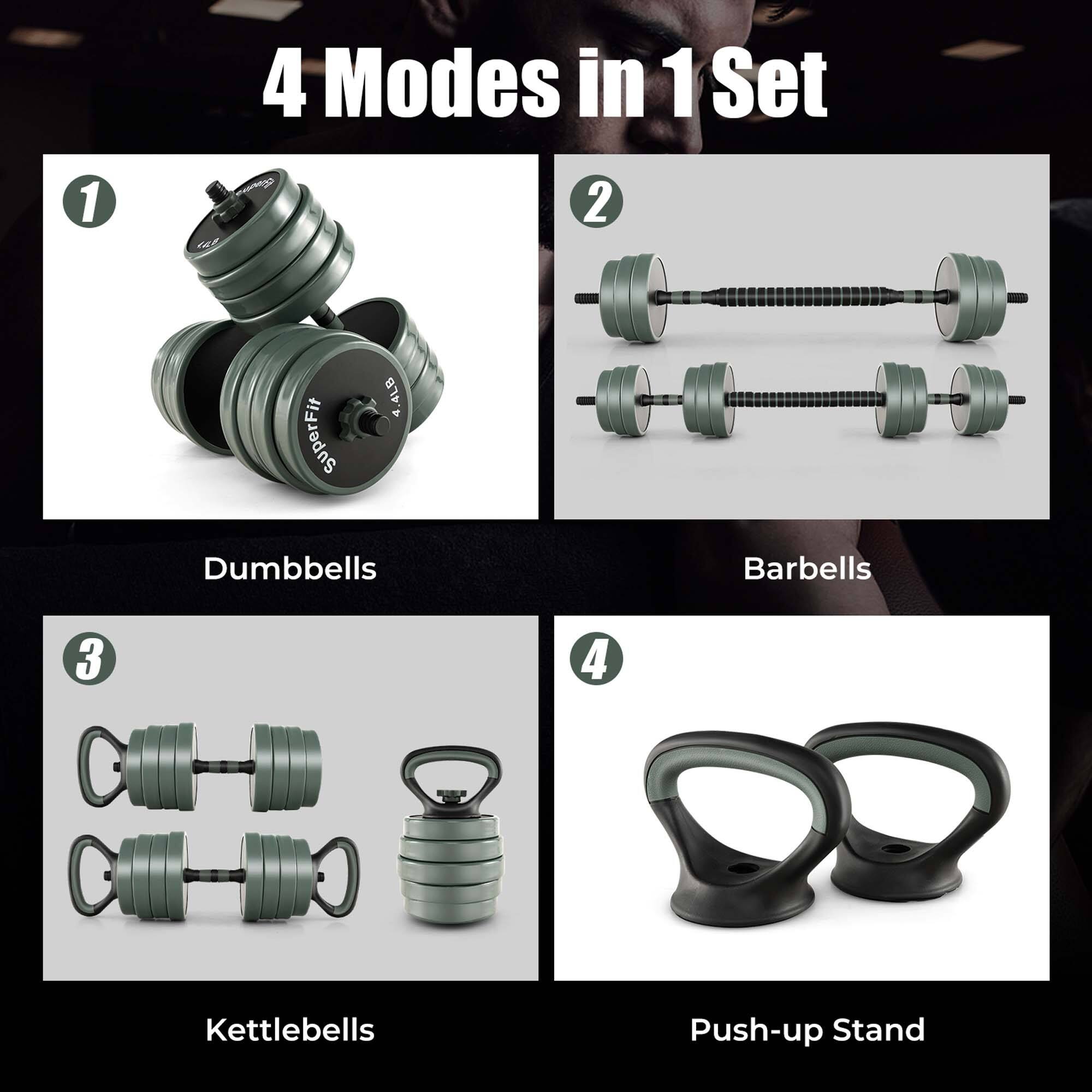 4 Modes in 1 Set: 1. Dumbbells, 2. Barbells, 3. Kettlebells, 4. Push-up Stand
