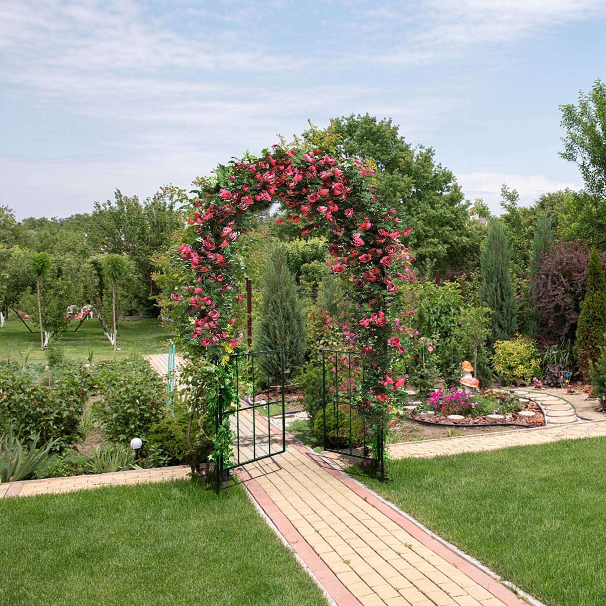 Alt View 5. Costway - Garden Arch Arbor Trellis with Gate 7.5 ft Patio Archway Pergola for Wedding - Black.