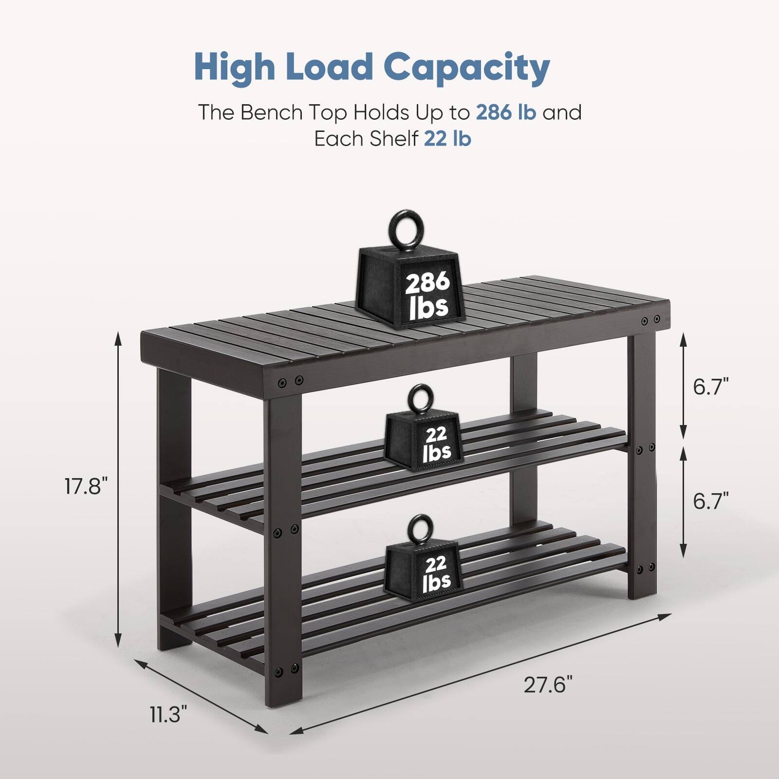 High Load Capacity  
The Bench Top Holds Up to 286 lb and Each Shelf 22 lb  

286 lbs  
6.7"  
17.8"  
22 lbs  
6.7"  
22 lbs  
11.3"  
27.6"