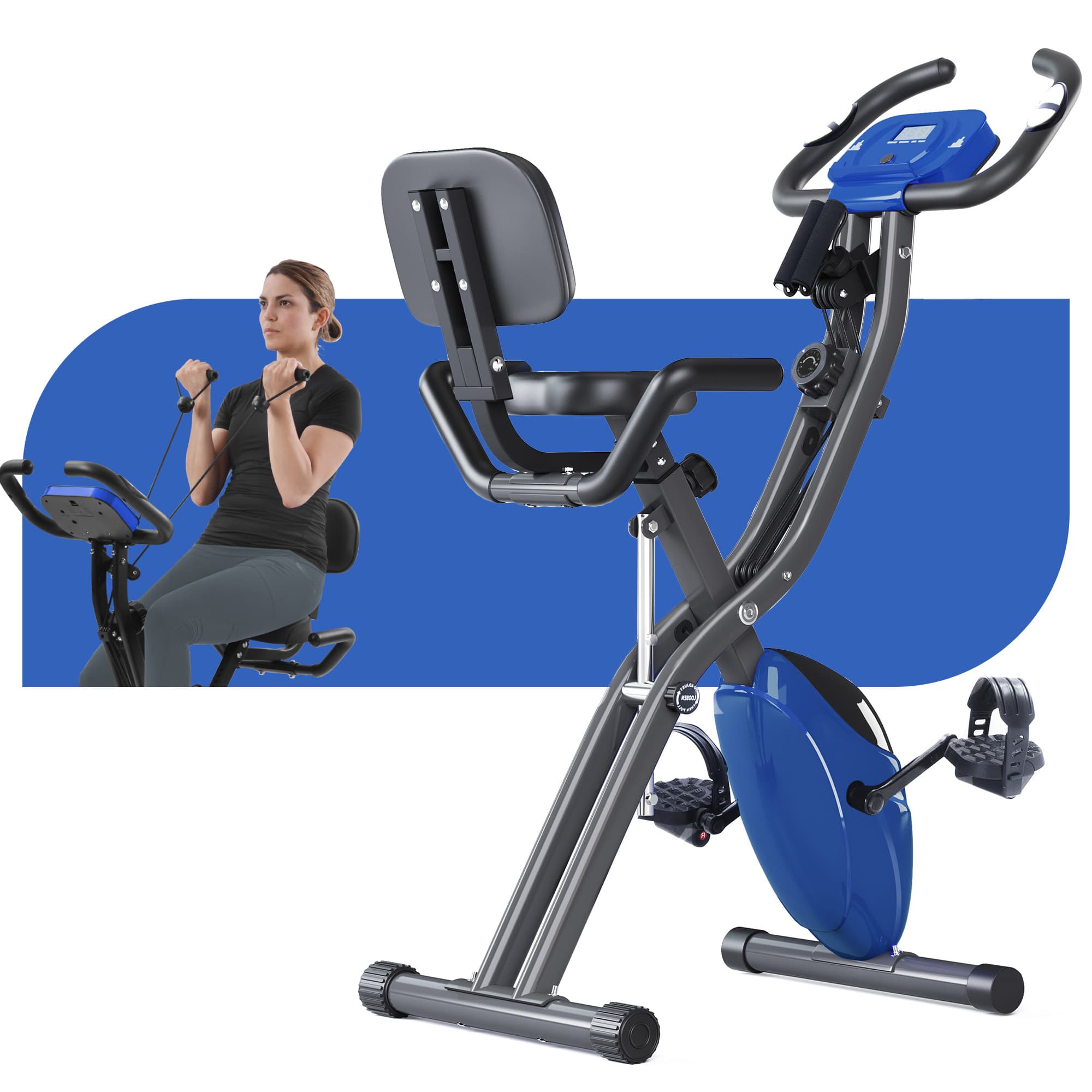 Left. Lycvki - Folding Exercise Bike Fitness Upright and Recumbent X Bike with 16 Level Adjustable Resistance Arm Bands and Backrest - blue.