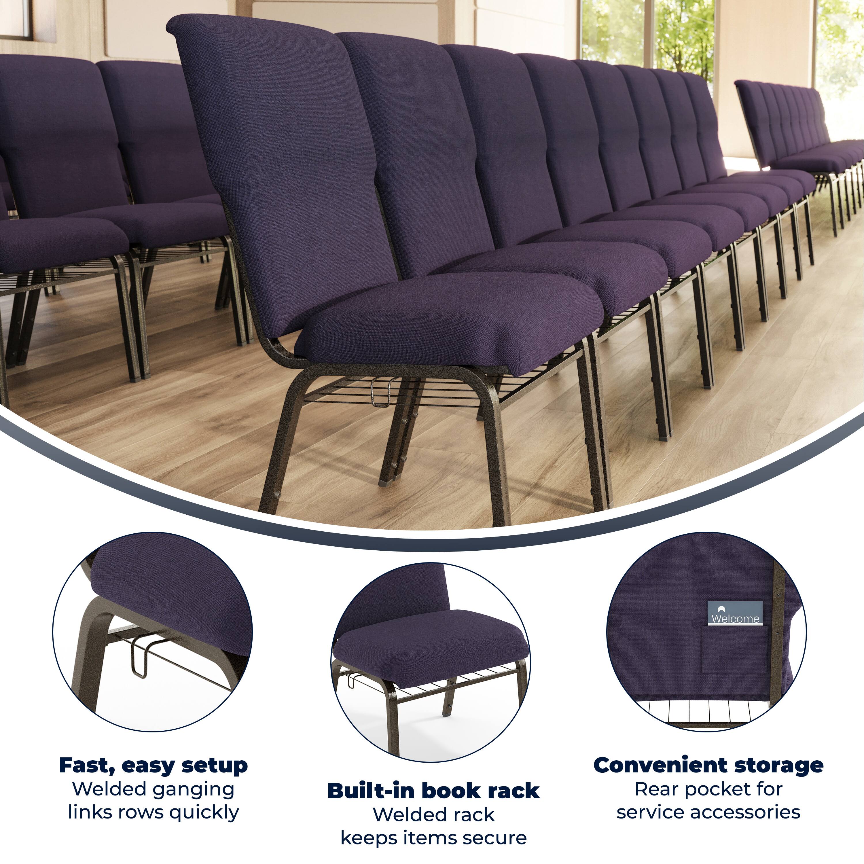 Fast, easy setup  
Welded ganging links rows quickly  

Built-in book rack  
Welded rack keeps items secure  

Convenient storage  
Rear pocket for service accessories