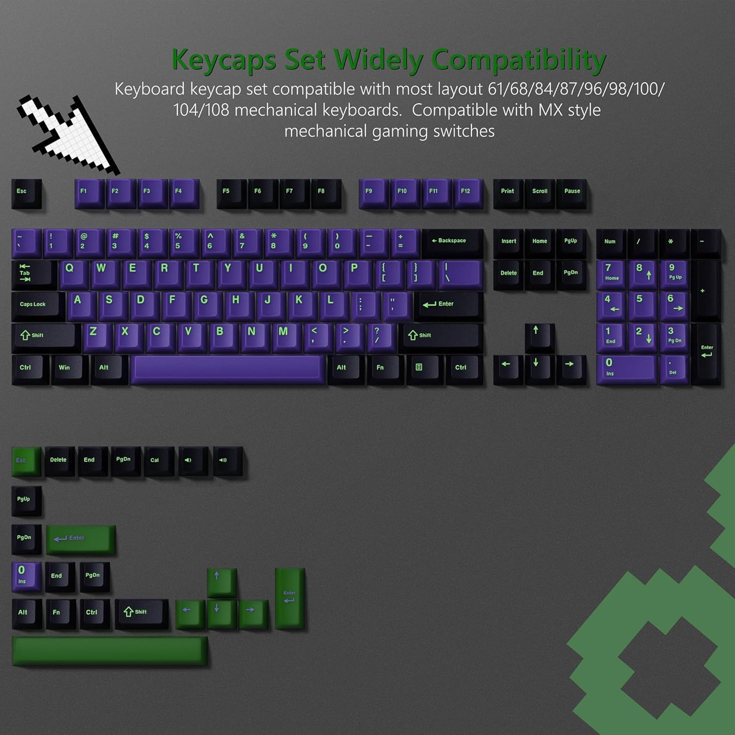 Womier - Double Shot PBT Keycaps Set , Cherry Profile Custom Keycaps for All US Layout Gaming Mechanical Keyboard - Purple-Black-129 Keys