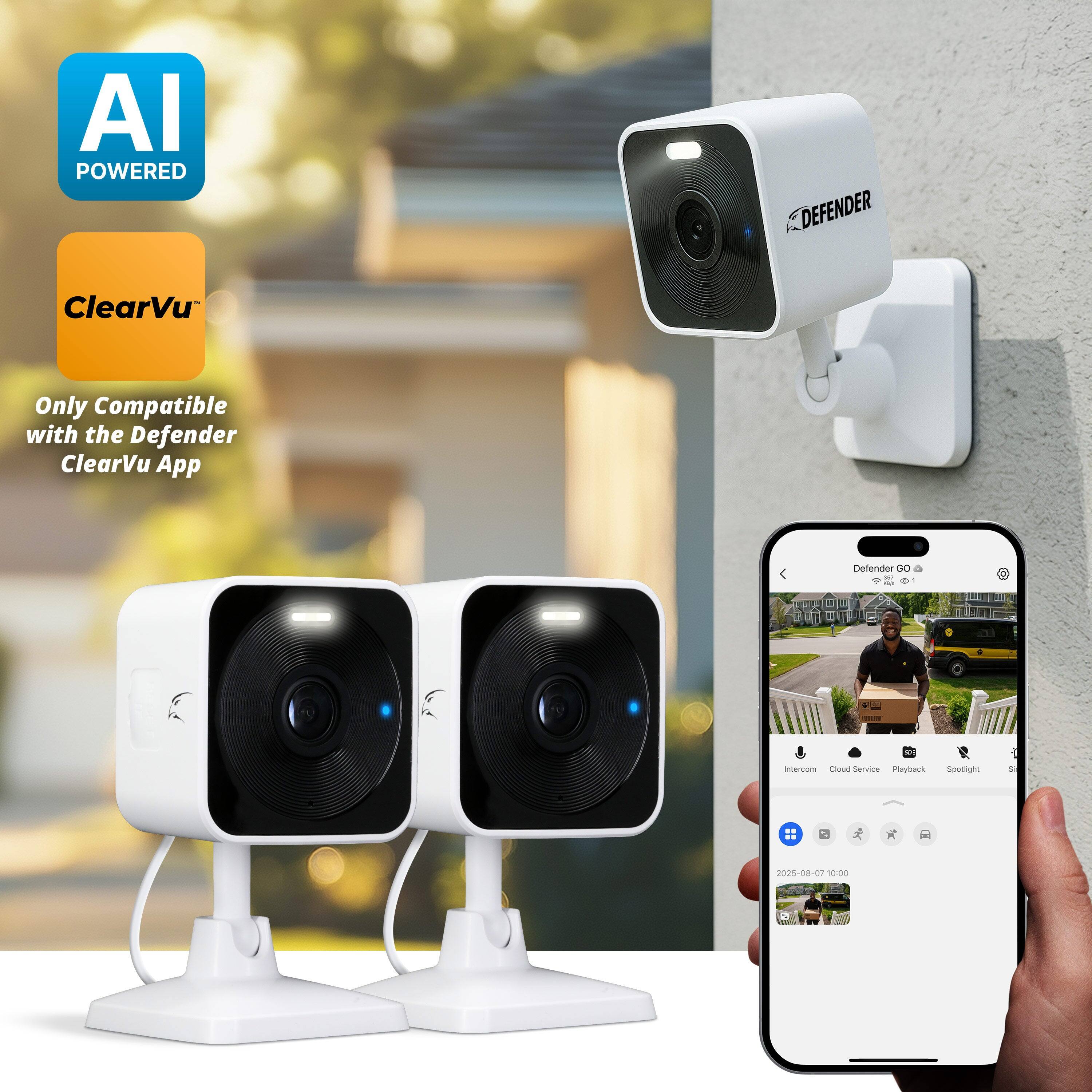 AI POWERED  
ClearVu  
Only Compatible with the Defender ClearVu App  

Defender GO  
2025-08-07 10:00  

Intercom  
Cloud Service  
Playback  
Spotlight