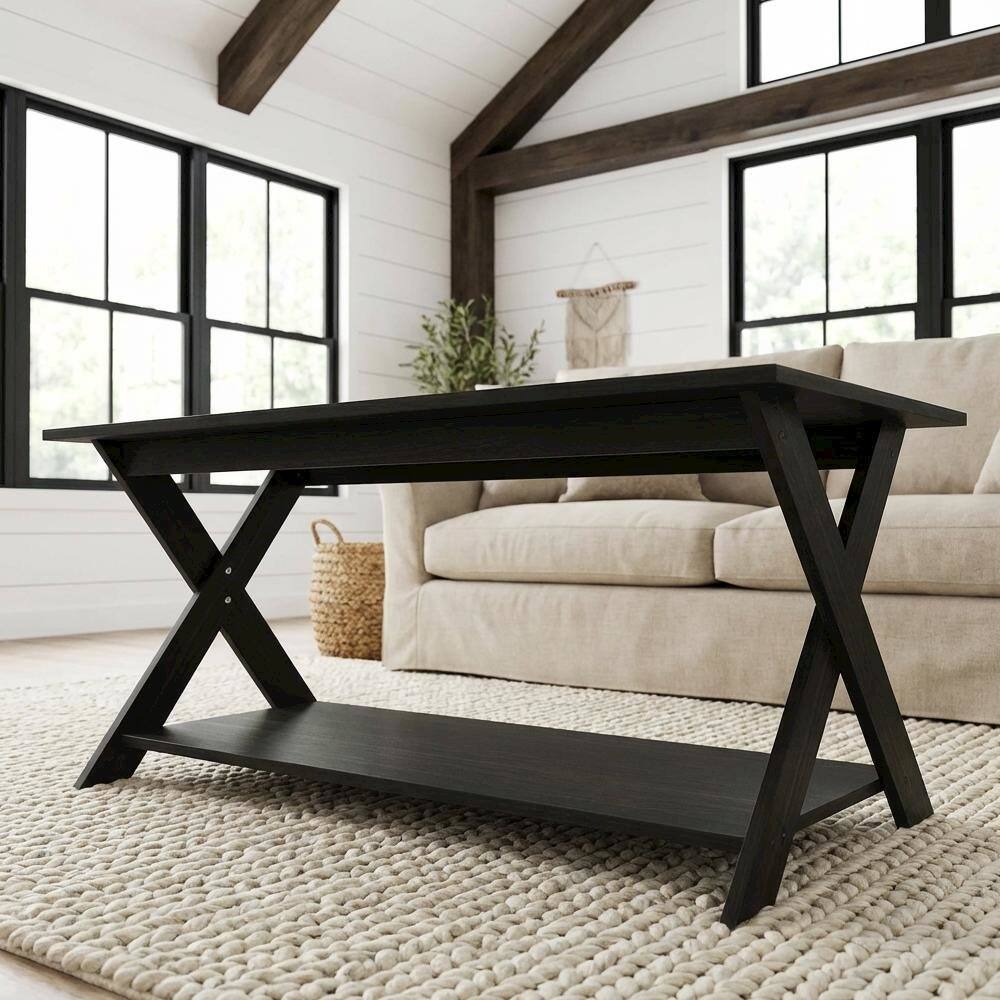 Angle. FurniFact - Espresso Coffee Table with Criss-Cross Design and Modern Minimalist Style - Espresso.