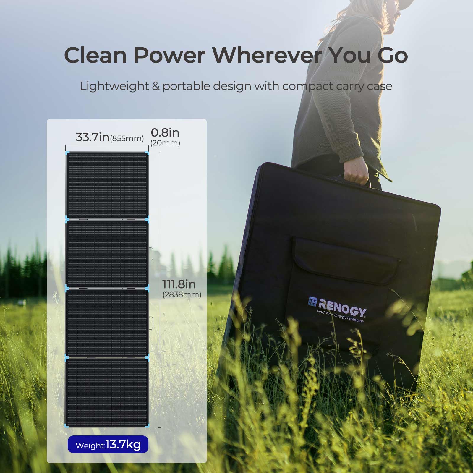 Clean Power Wherever You Go: Lightweight & portable design with compact carry case. 0.8in x 33.7in (855mm) x 111.8in (2838mm) -S. Find RENOGY. While Energy Freedom. Weight: 13.7kg.