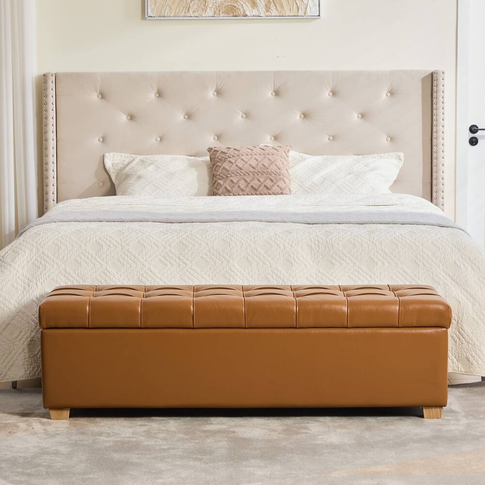 Left. Ropilly - Ropilly Tufted PU Leather Storage Bench Burnt Brown End of Bed Ottoman with Flip Top - Burnt Brown.