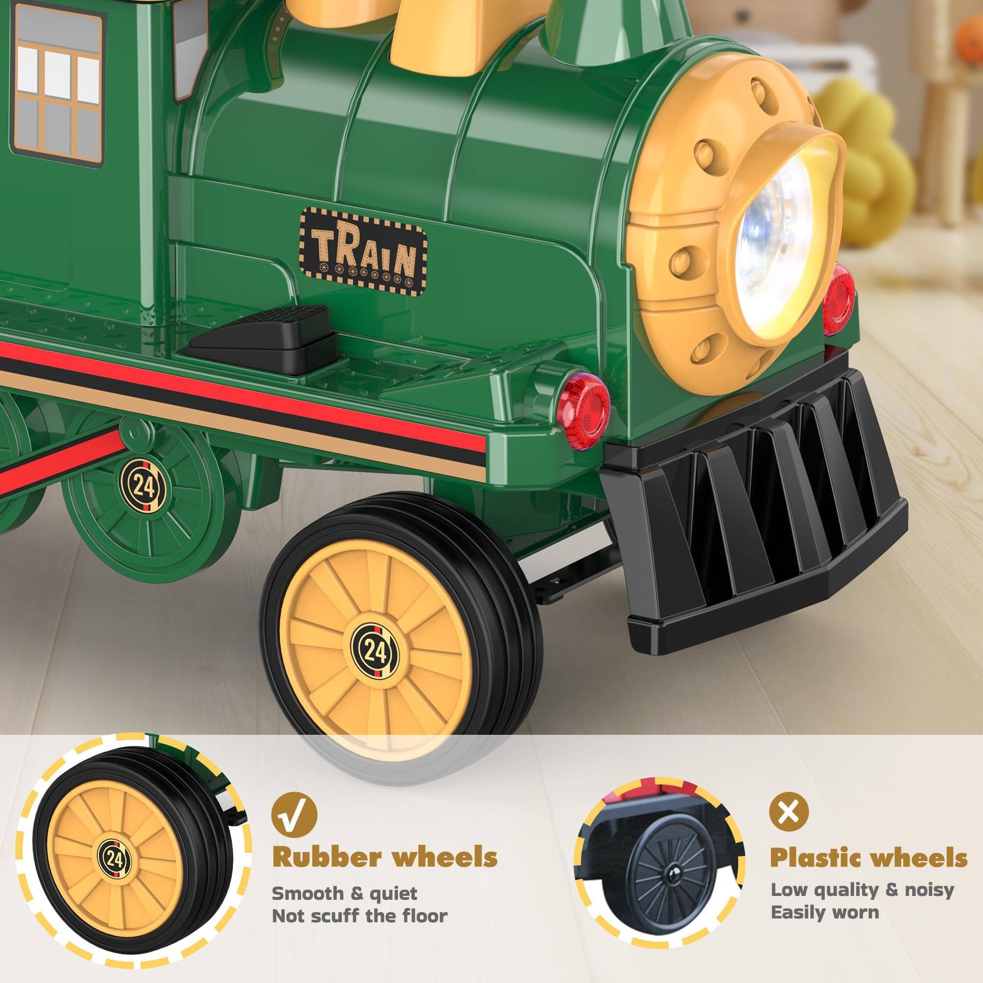 TRAIN

24
24
24

Rubber wheels
Smooth & quiet
Not scuff the floor

Plastic wheels
Low quality & noisy
Easily worn