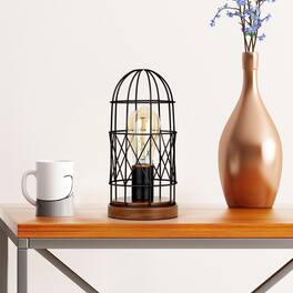 Oumilen - Industrial Birdcage Table Lamp with Wood Base – Vintage Metal Cage Desk Lamp for Bedroom, Living Room
