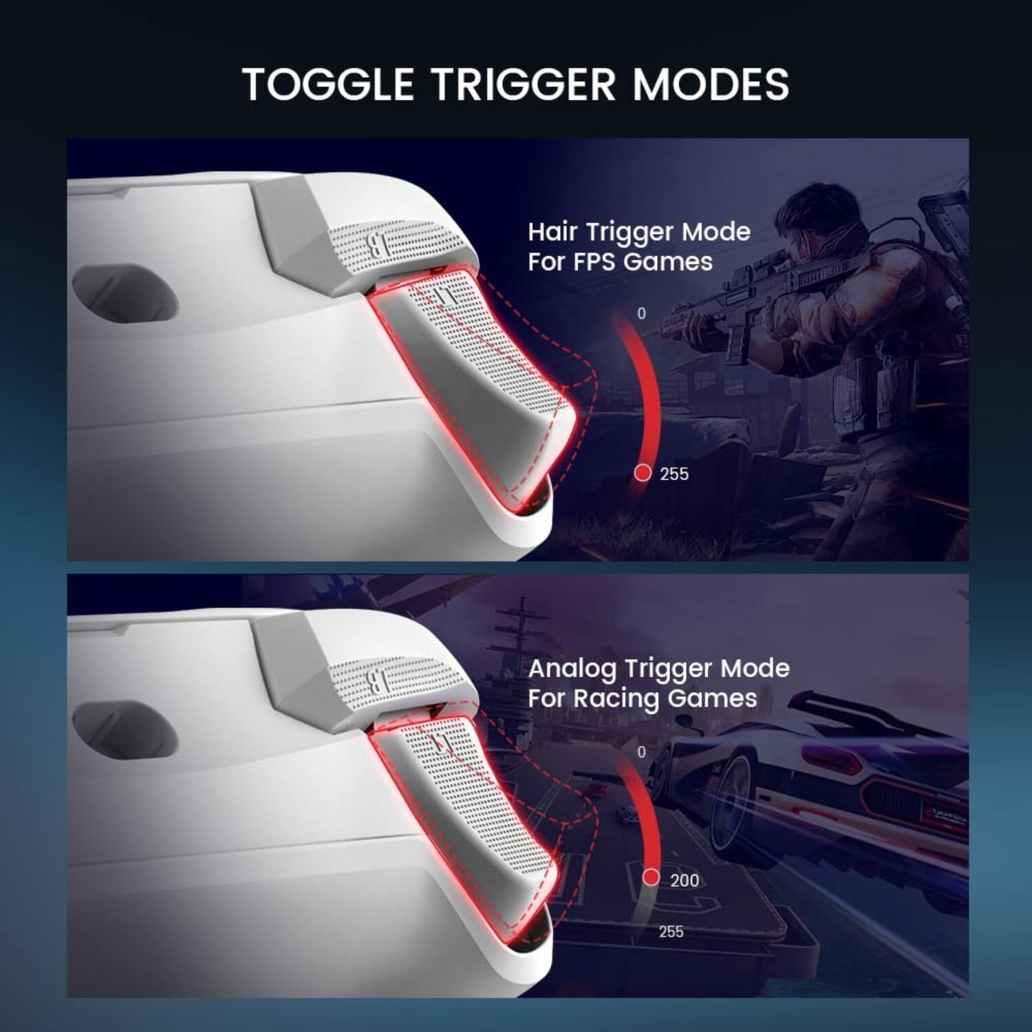 TOGGLE TRIGGER MODES

Hair Trigger Mode For FPS Games  
0 255

Analog Trigger Mode For Racing Games  
0 200 255