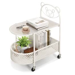 Gymax - 2-Tier Mobile Glass Coffee Table w/ Bear Pattern Storage Basket Transparent & White - Transparent, White