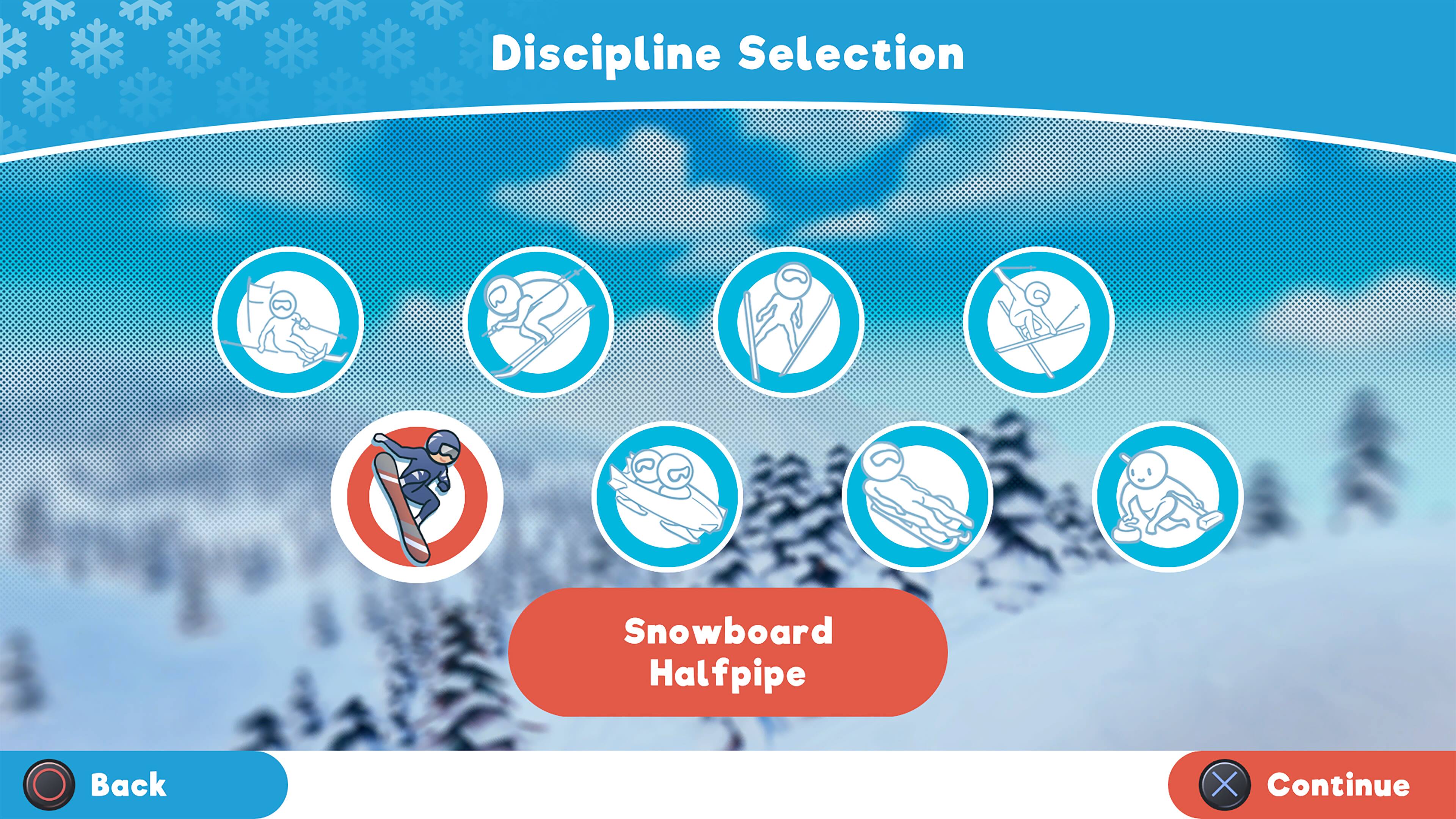 Discipline Selection: Snowboard Halfpipe Back X Continue