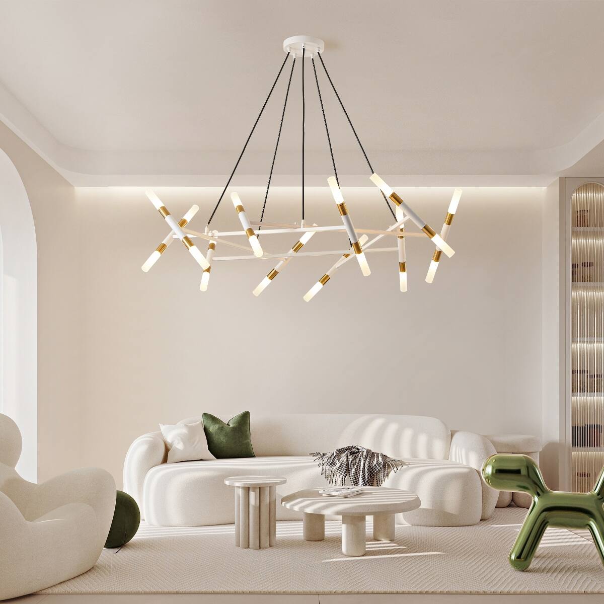 Left. Loheer - Loheer 41 Inch Modern Branch Chandelier White and Gold Frosted Tube Pendant Light.