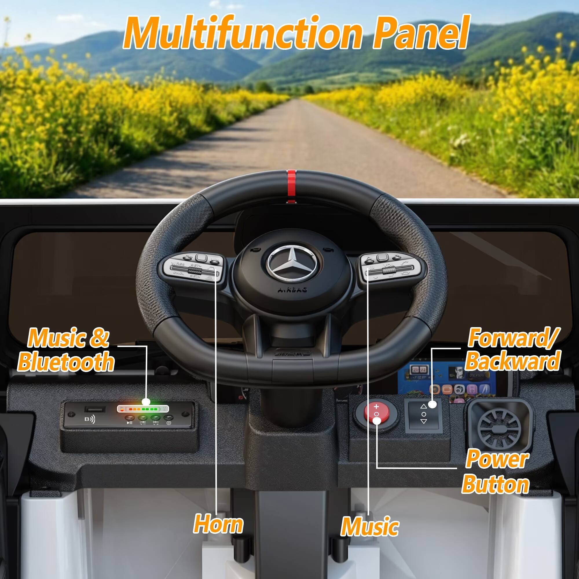 Multifunction Panel

- Music & Bluetooth
- Forward/ Backward
- Power Button
- Horn
- Music