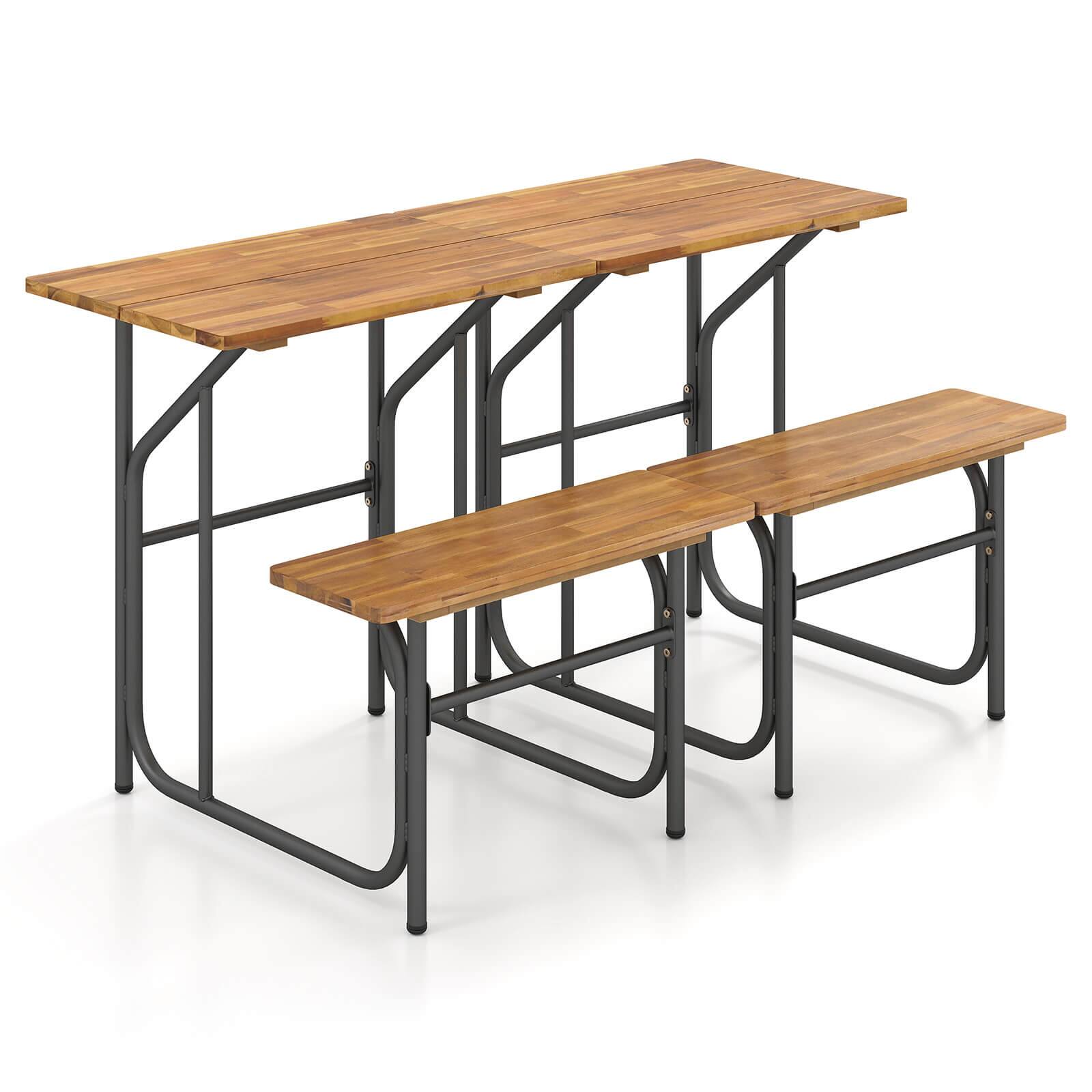 Alt View 8. Costway - Costway 2 PCS Patio Table Bench Set Picnic Table & Seat with Acacia Wood Top Metal Legs - Natural,Black.