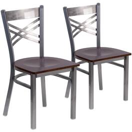 Emma + Oliver - 2 Pack Clear Coated "X" Back Metal Restaurant Chair - Walnut Wood Seat/Clear Coated Metal Frame