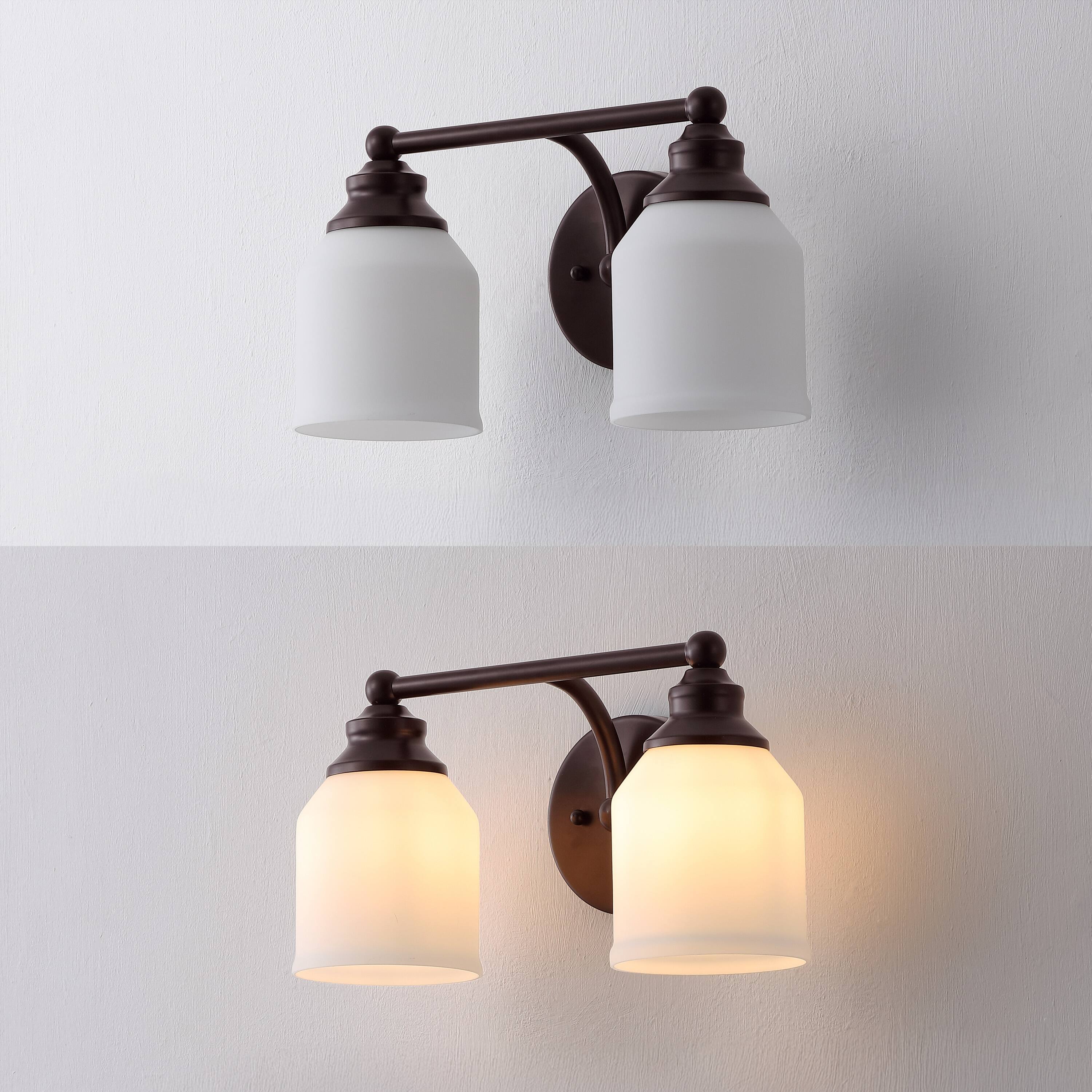 Alt View 4. Jonathan Y - Lydia 14" 2-Light Farmhouse Cottage Metal LED Vanity Light with Frosted Glass Shades, Oil Rubbed Bronze - Oil Rubbed Bronze.