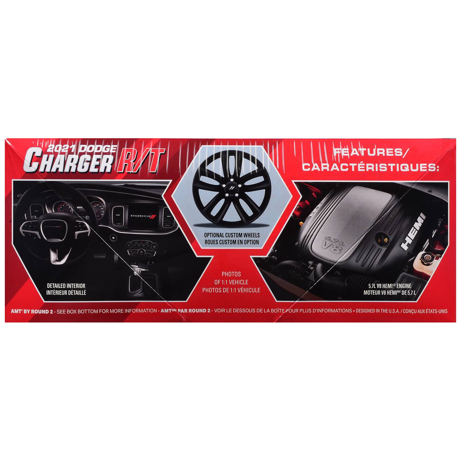 2021 DODGE CHARGER R/T

DODGE DETAILED INTERIOR INTRIEUR DETAILL

FEATURES/ CARACTERISTIQUES

OPTIONAL ROUES CUSTOM CUSTOM EN WHEELS OPTION

5.7L V8 HEMI ENGINE

PHOTOS OF 1:1 VEHICLE

5.7L 13 HEMI ENGINE

PHOTOS DE 1:1 VEHICULE

MOTEUR 18 HEMI DE 5,7L

"AMT BY ROUND 2
SEE BOX BOTTOM FOR MORE INFORMATION AMTME PAR ROUND 2 VOIR LE DESSOUS DE LA BOITE POUR PLUS D'INFORMATIONS

DESIGNED IN THE U.S.A. / CONCU AUX ETATS-UNIS