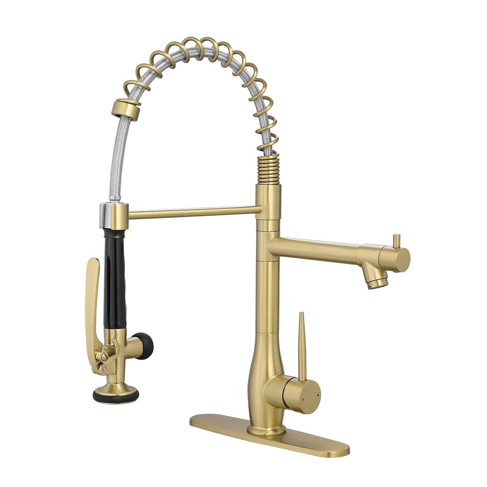 Alt View 1. Boyel Living - Brushed Gold Pull Down Kitchen Faucet with Deck Plate Single Handle Spring Design - Brushed Gold.