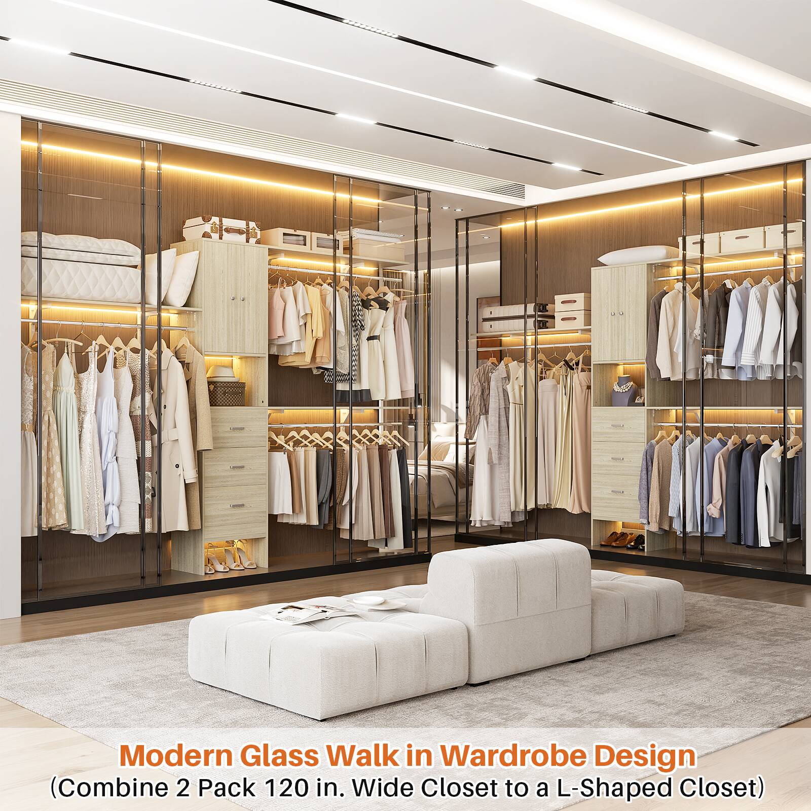 Modern Glass Walk in Wardrobe Design (Combine 2 Pack 120 in. Wide Closet to a L-Shaped Closet)