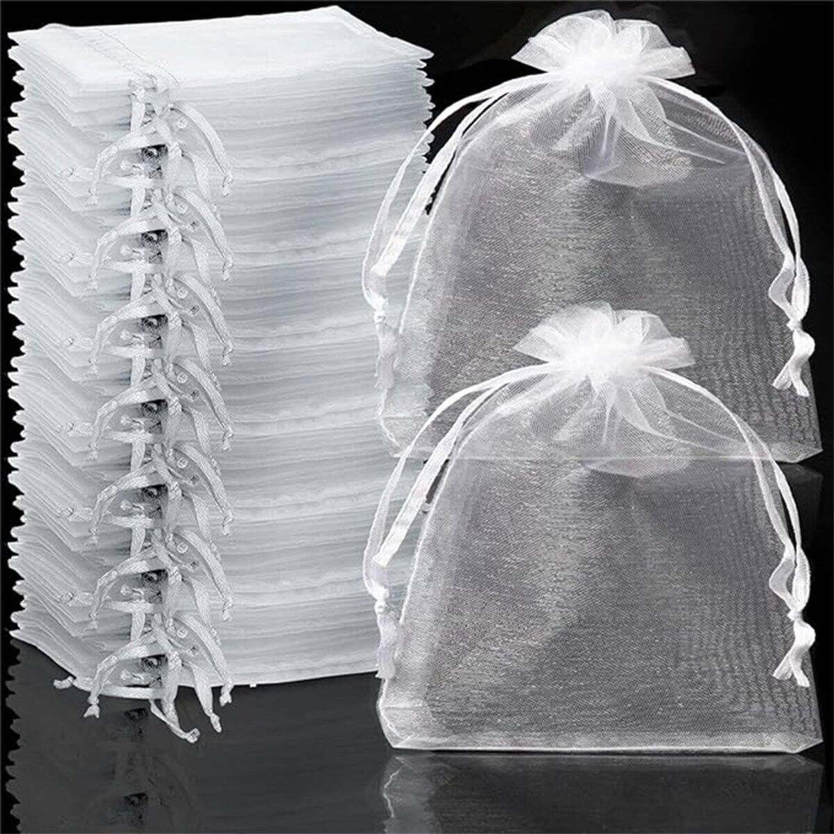 Front. Auledio - 100 Pieces White Organza Bags, Party Favor Bags with Drawstring, Candy Bags for Parties, Weddings, Festivals, 7x9cm.