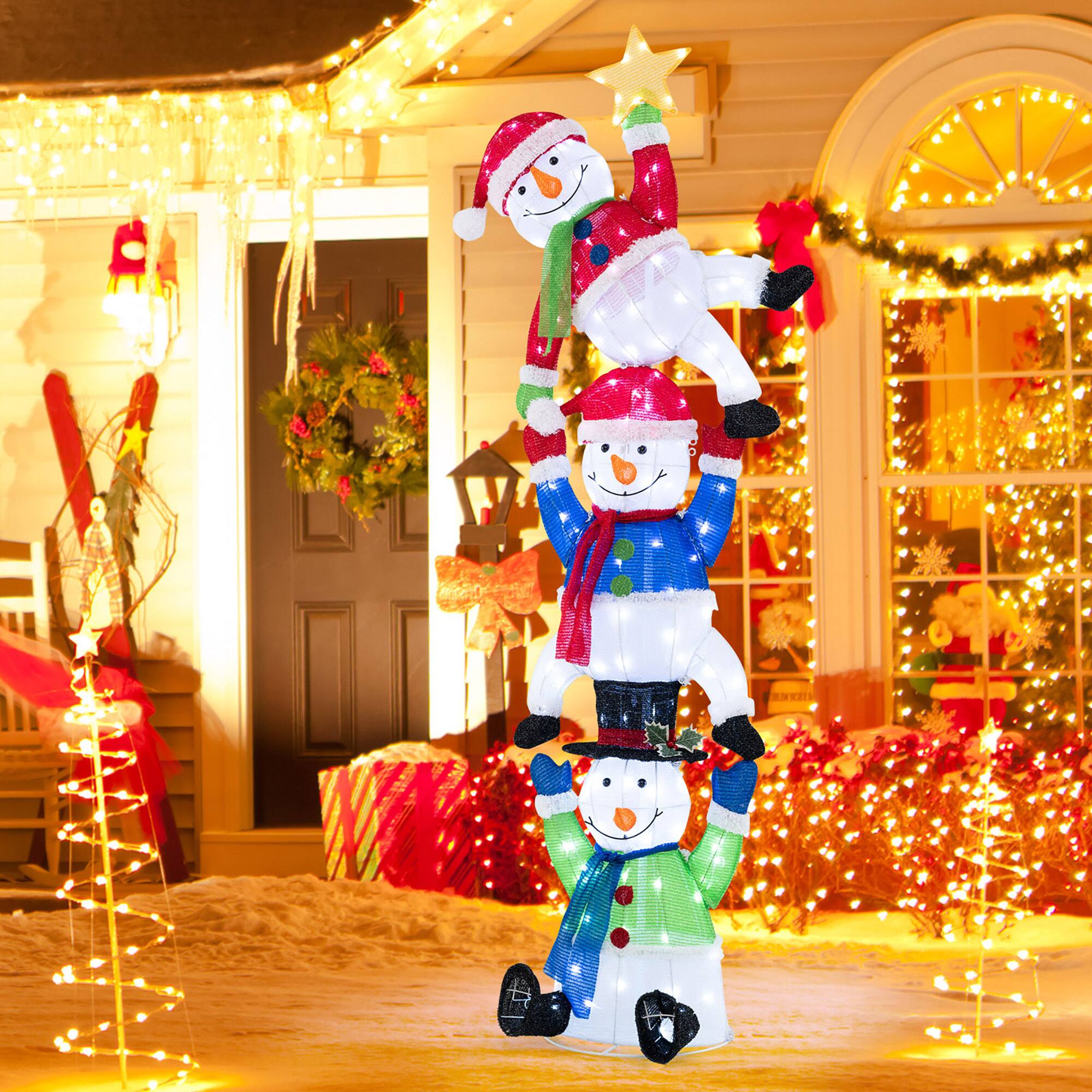Alt View 4. Gymax - Gymax 6 ft 3D Pre-Lit Christmas Stacked Snowman w/ 155 LED Lights Zip Ties & Stakes - Multicolor.