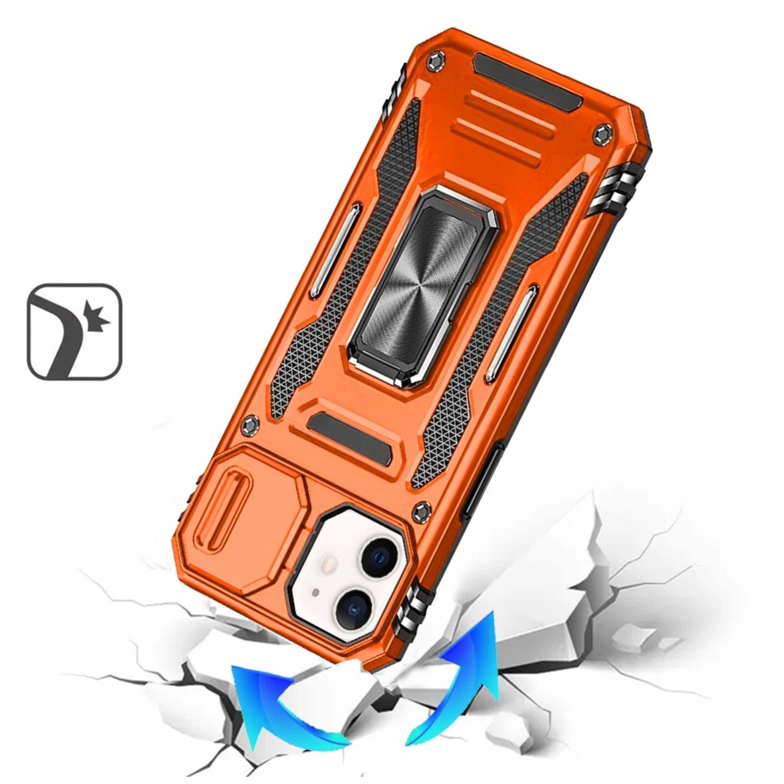 Left. Kitcheniva - Dual Layer Shockproof Sliding Lens Cover Magnetic Ring Stand Phone Case With Tempered Glass For iPhone 12/12 Pro Cosmic - Cosmic Orange.