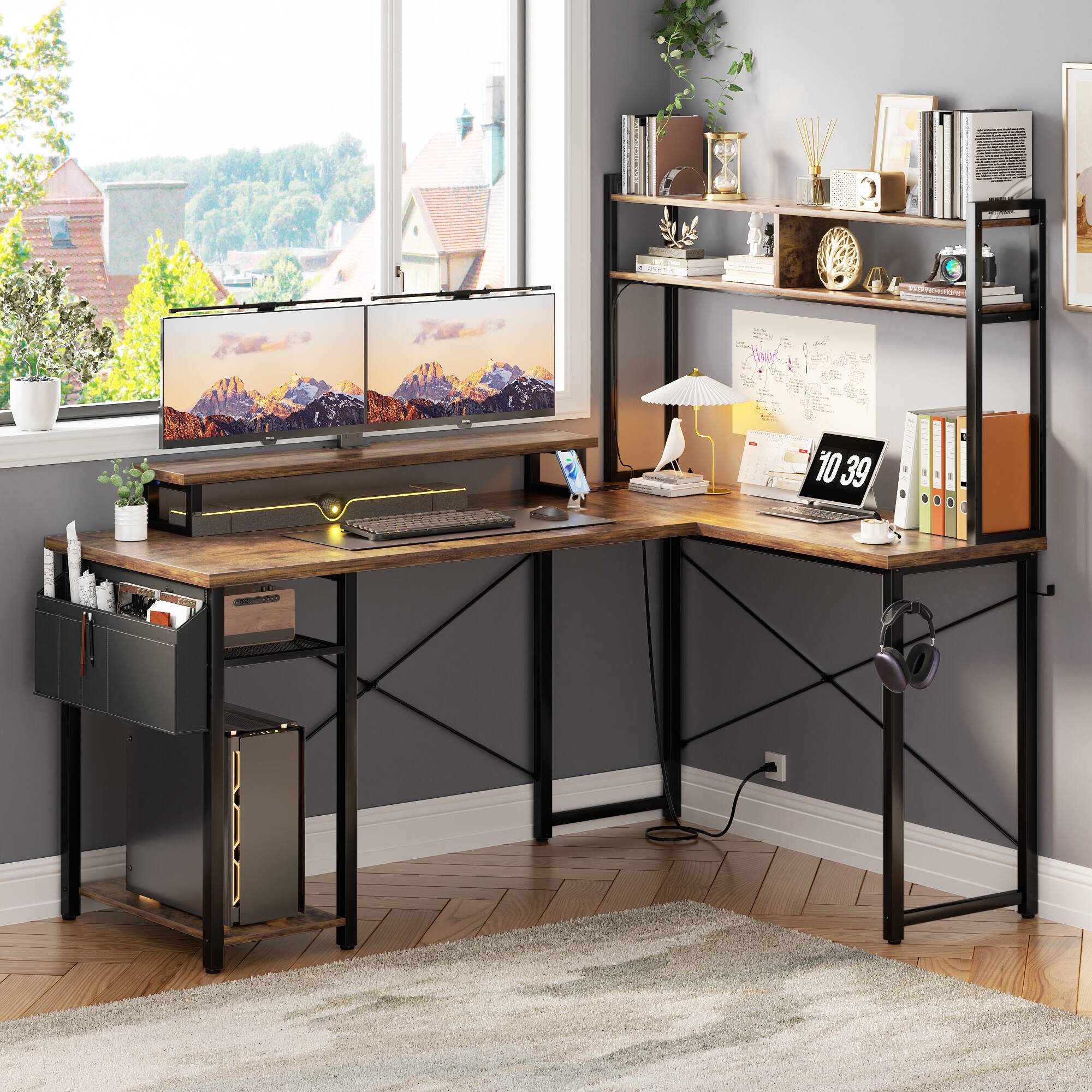 Back. Aheaplus - Small Reversible L-Shaped Gaming Desk: LED Lights, Power Outlets, Monitor Stand & Storage for Home Office Corner - Rustic Brown.